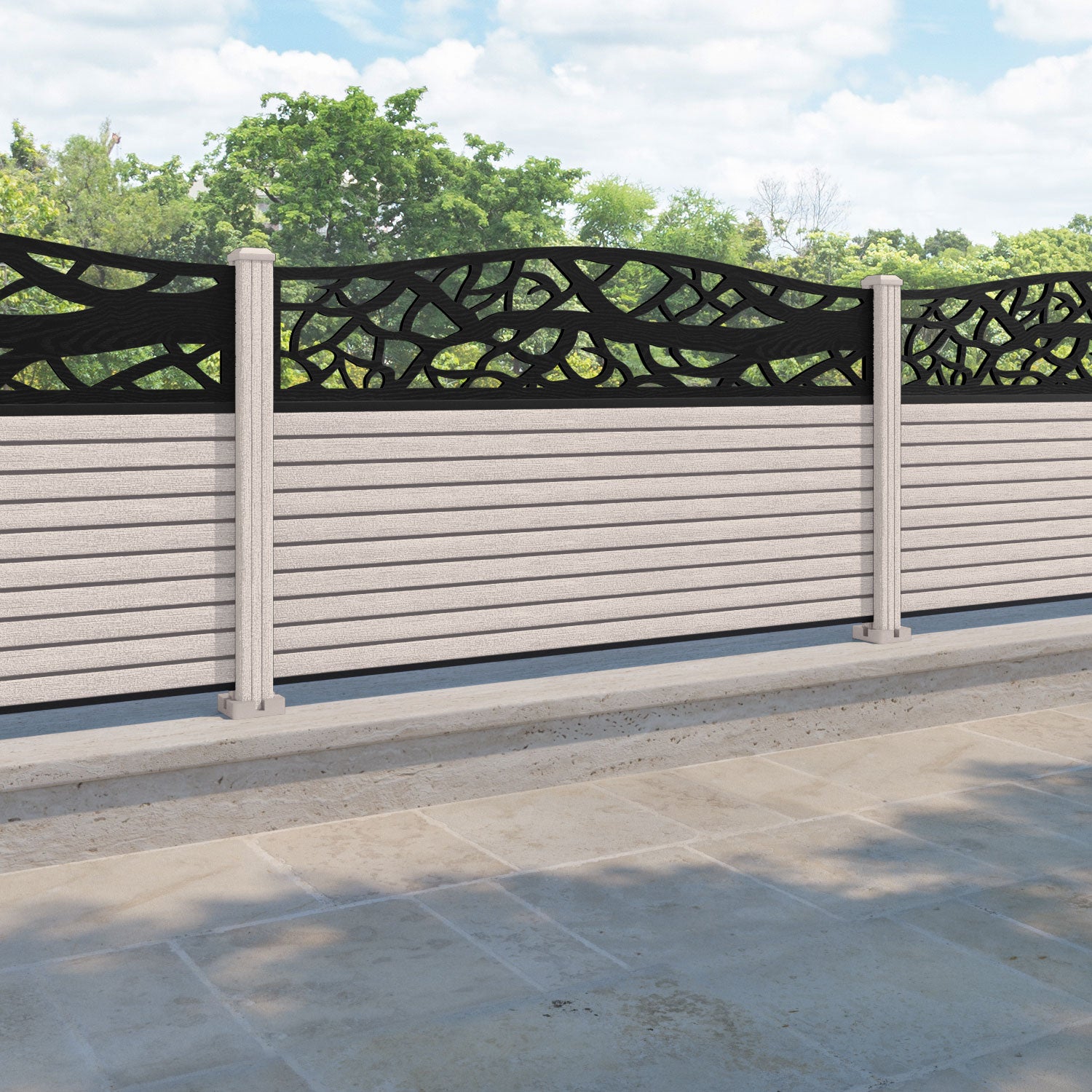 Hudson Twilight Curved Top Fence Panel - Mid Stone - with our composite posts