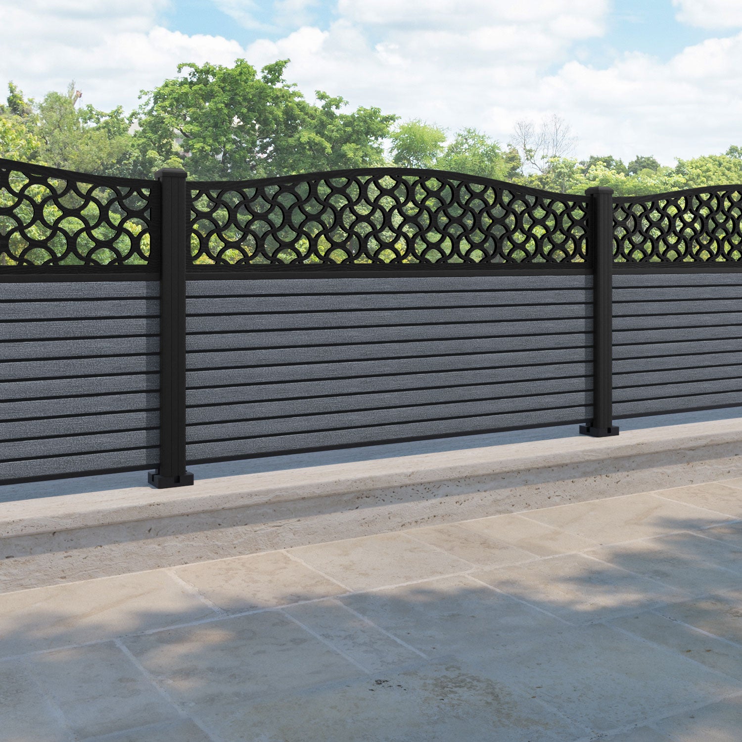 Hudson Vida Curved Top Fence Panel - Anthracite - with our aluminium posts