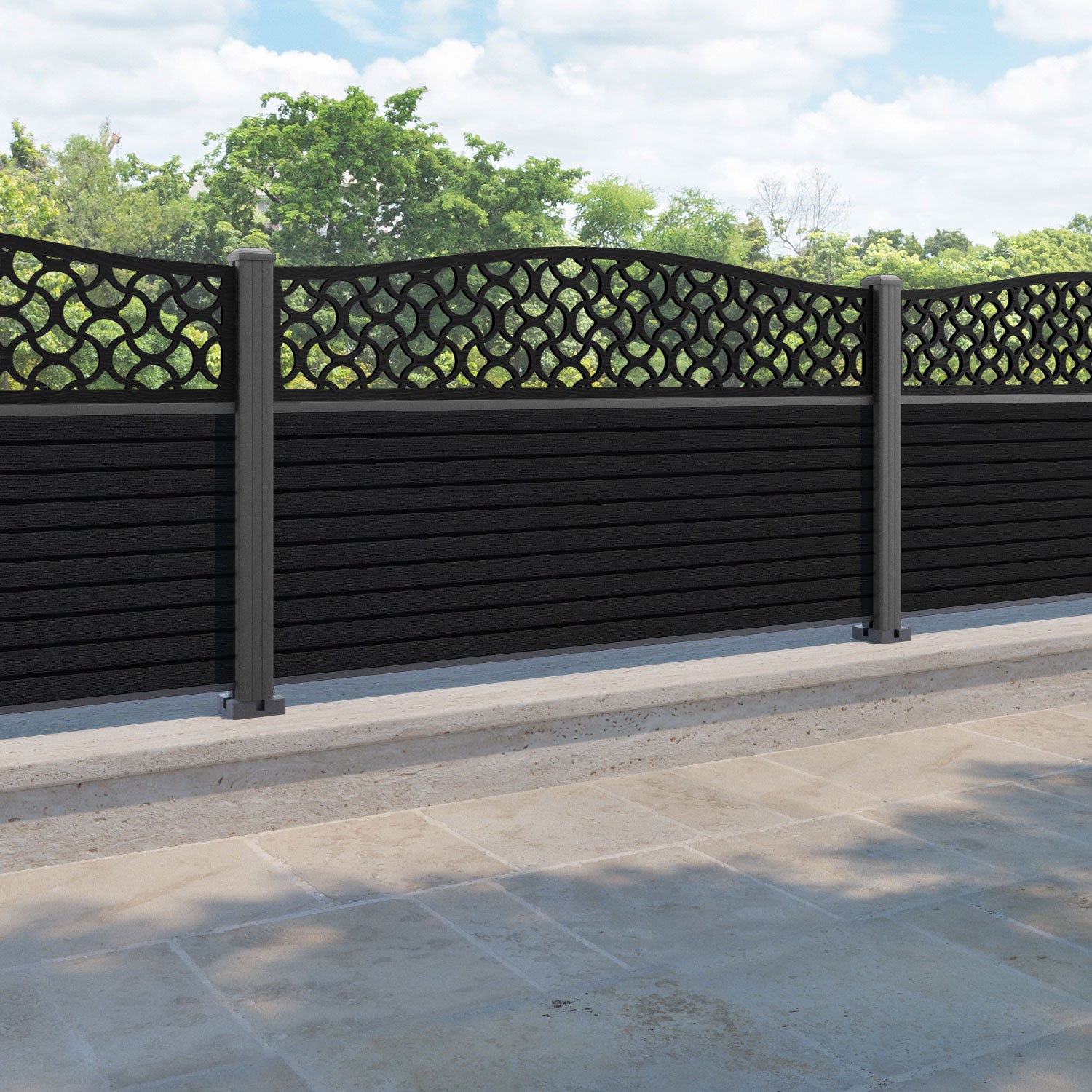 Hudson Vida Curved Top Fence Panel - Black - with our aluminium posts