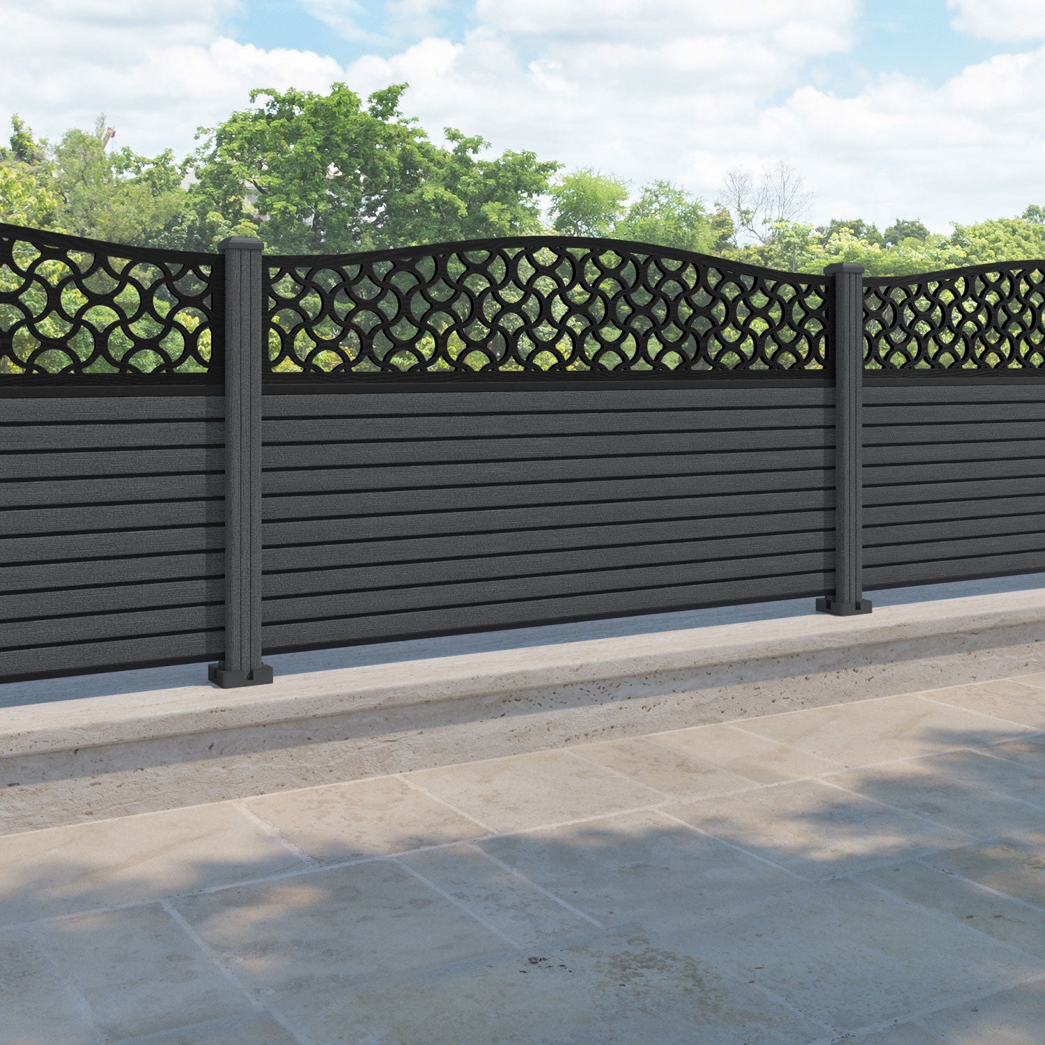 Hudson Vida Curved Top Fence Panel - Dark Grey - with our composite posts