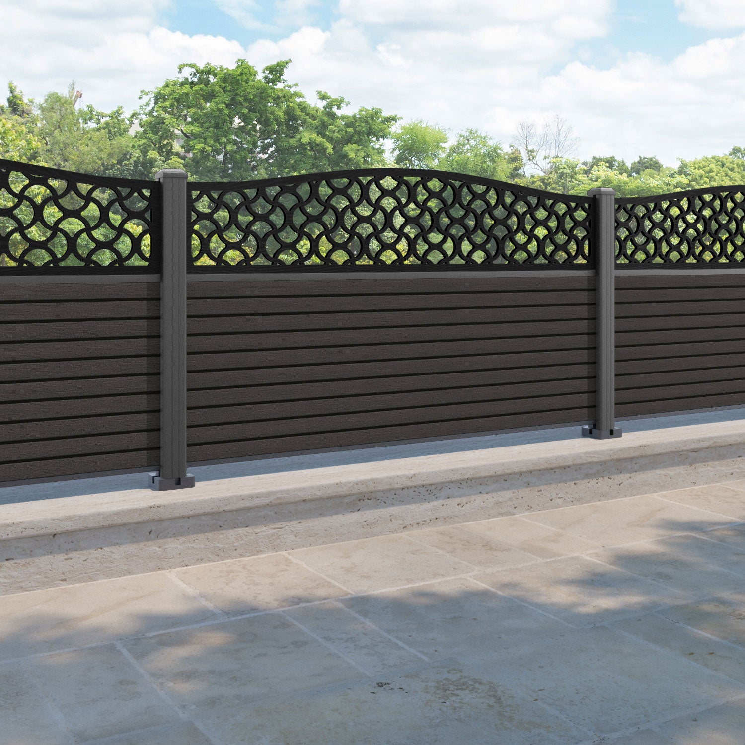 Hudson Vida Curved Top Fence Panel - Dark Oak - with our aluminium posts