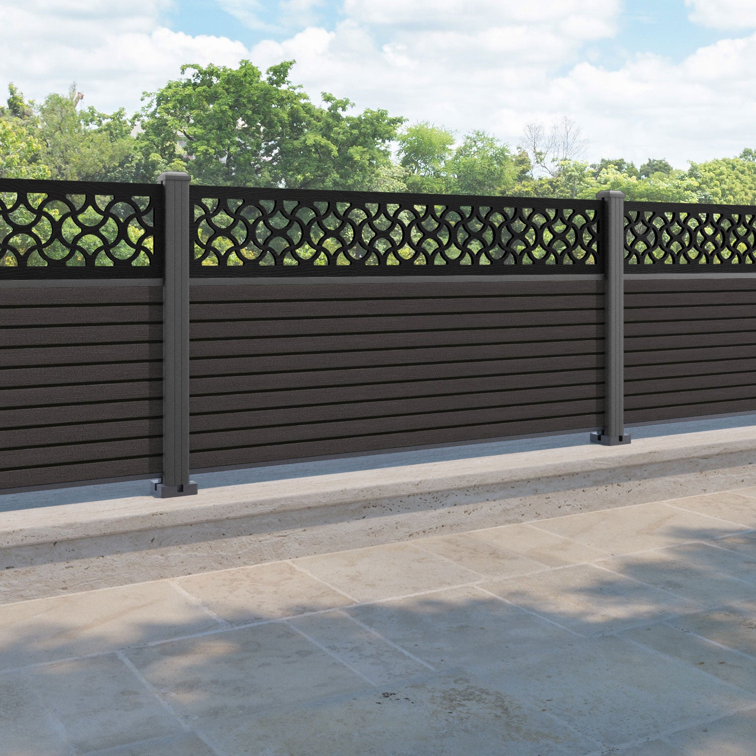 Hudson Vida Fence Panel - Dark Oak - with our aluminium posts