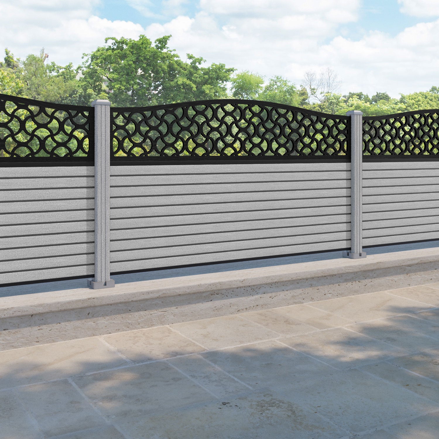 Hudson Vida Curved Top Fence Panel - Light Grey - with our composite posts