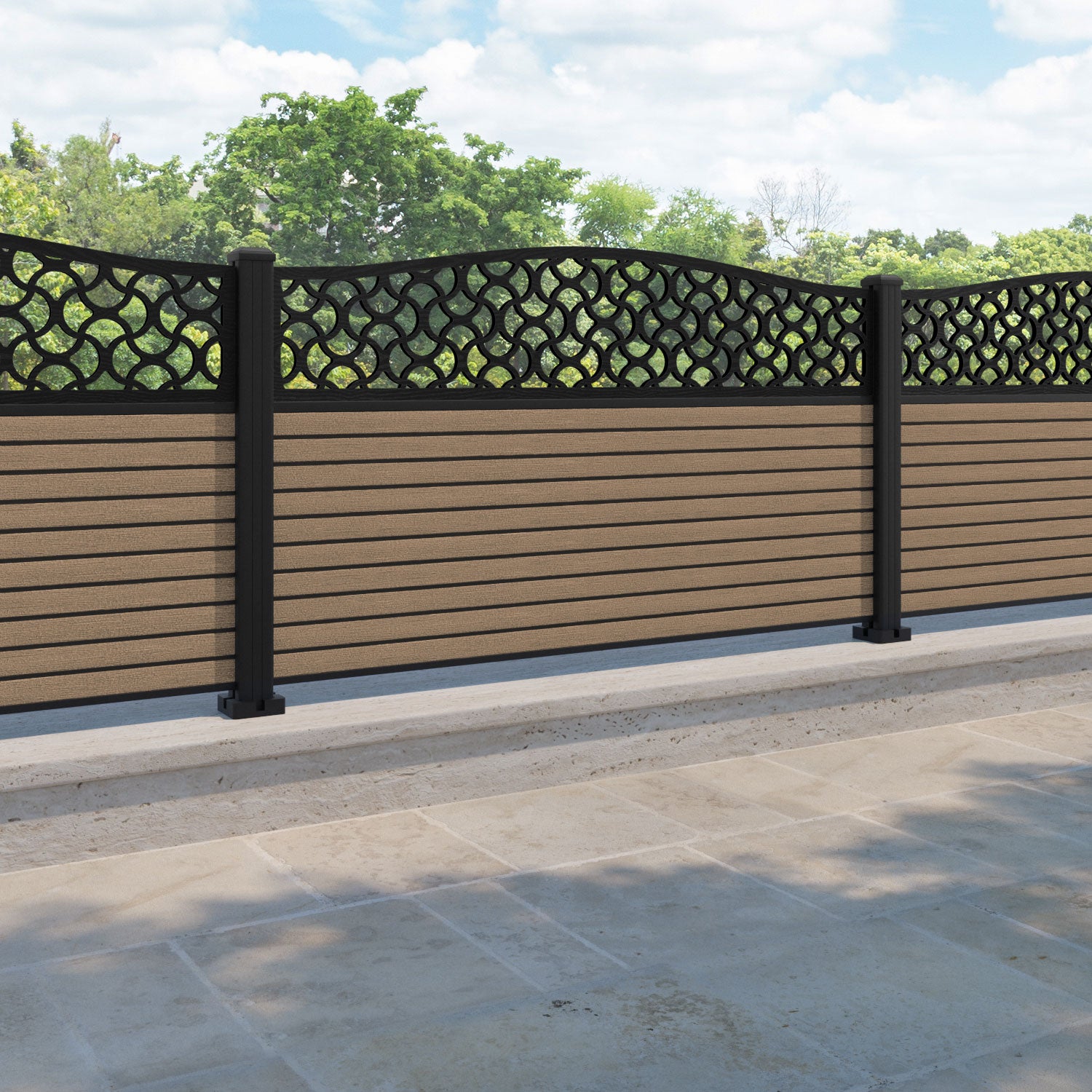 Hudson Vida Curved Top Fence Panel - Teak - with our aluminium posts