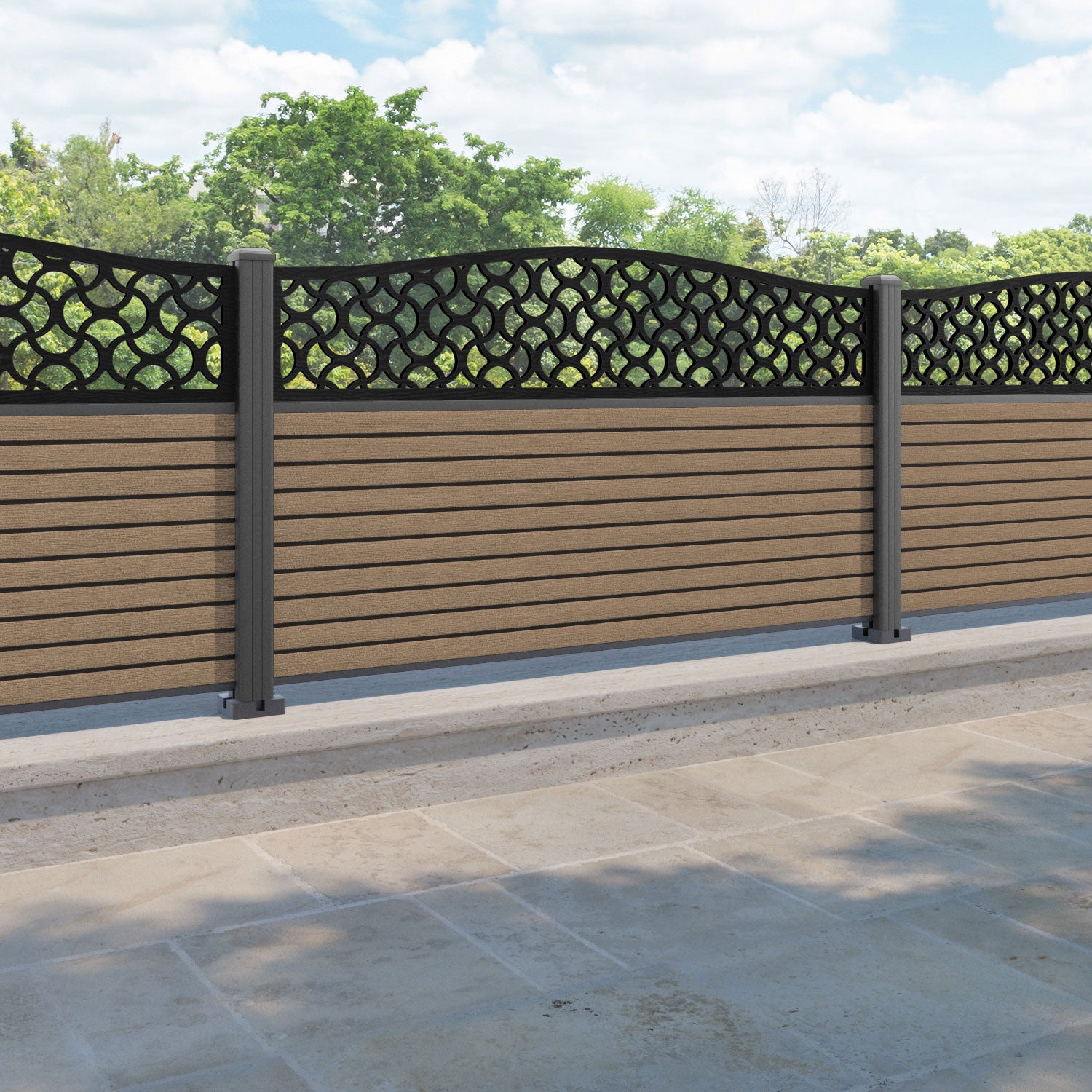 Hudson Vida Curved Top Fence Panel - Teak - with our aluminium posts