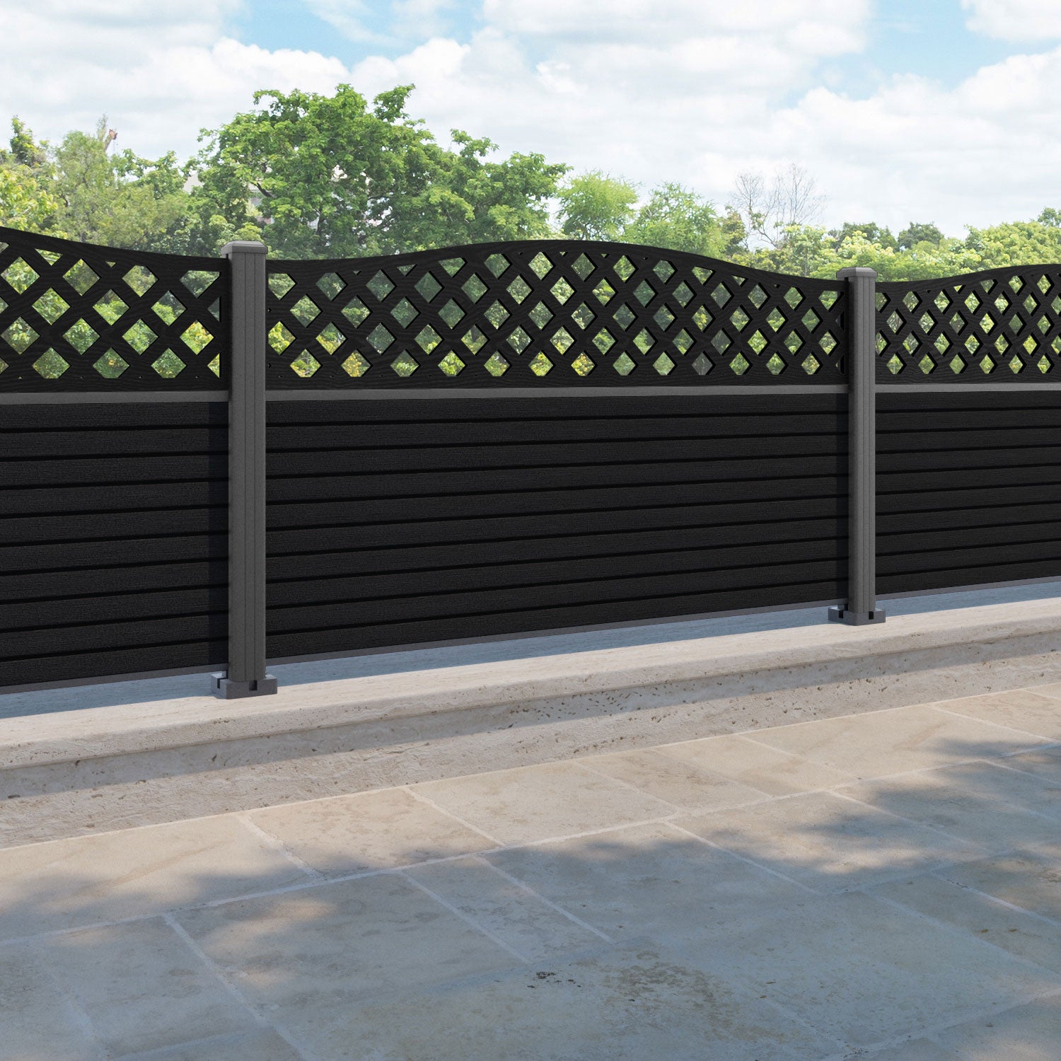 Hudson High Wave Fence Panel - Black - with our aluminium posts