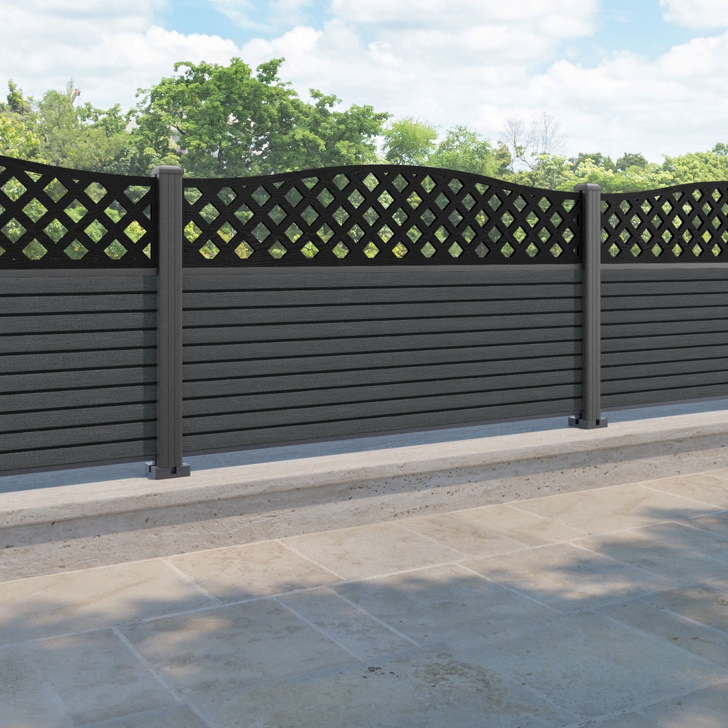 Hudson High Wave Fence Panel - Dark Grey - with our aluminium posts
