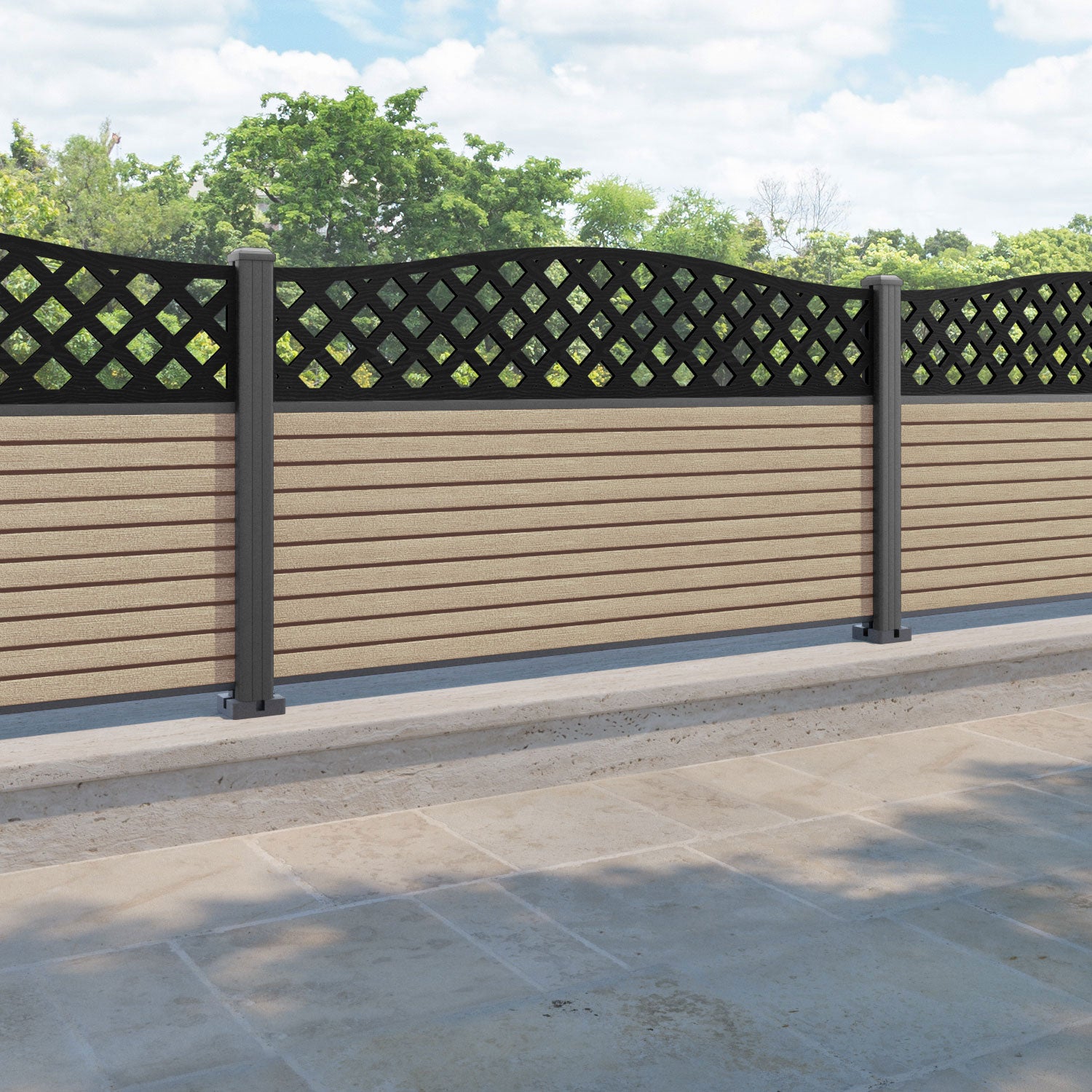 Hudson High Wave Fence Panel - Light Oak - with our aluminium posts
