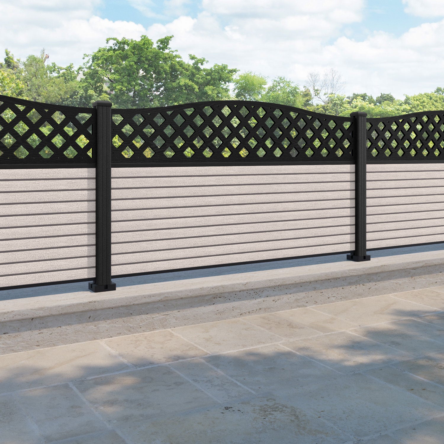 Hudson High Wave Curved Top Fence Panel - Mid Stone - with our composite posts