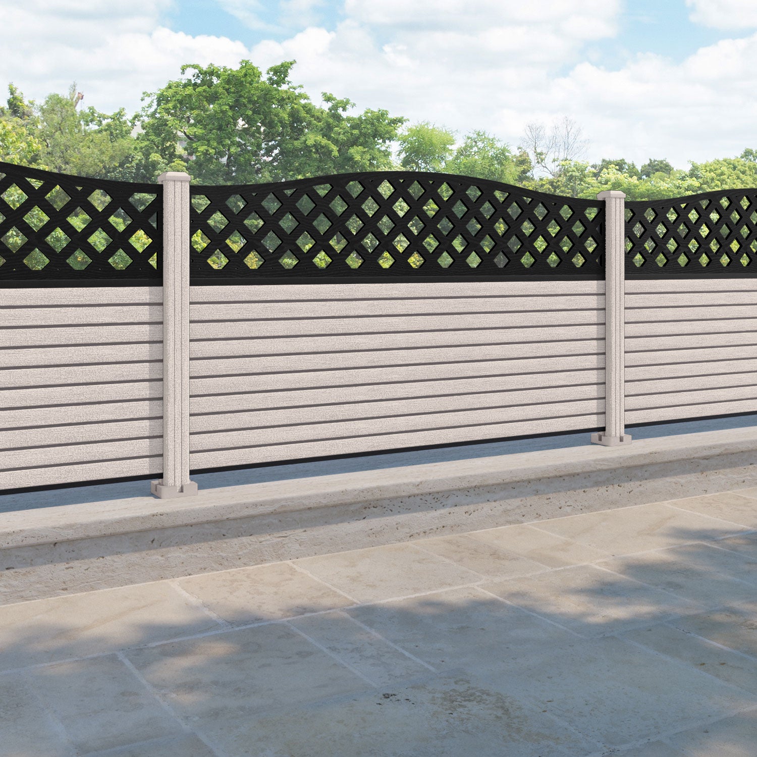 Hudson High Wave Curved Top Fence Panel - Mid Stone - with our composite posts