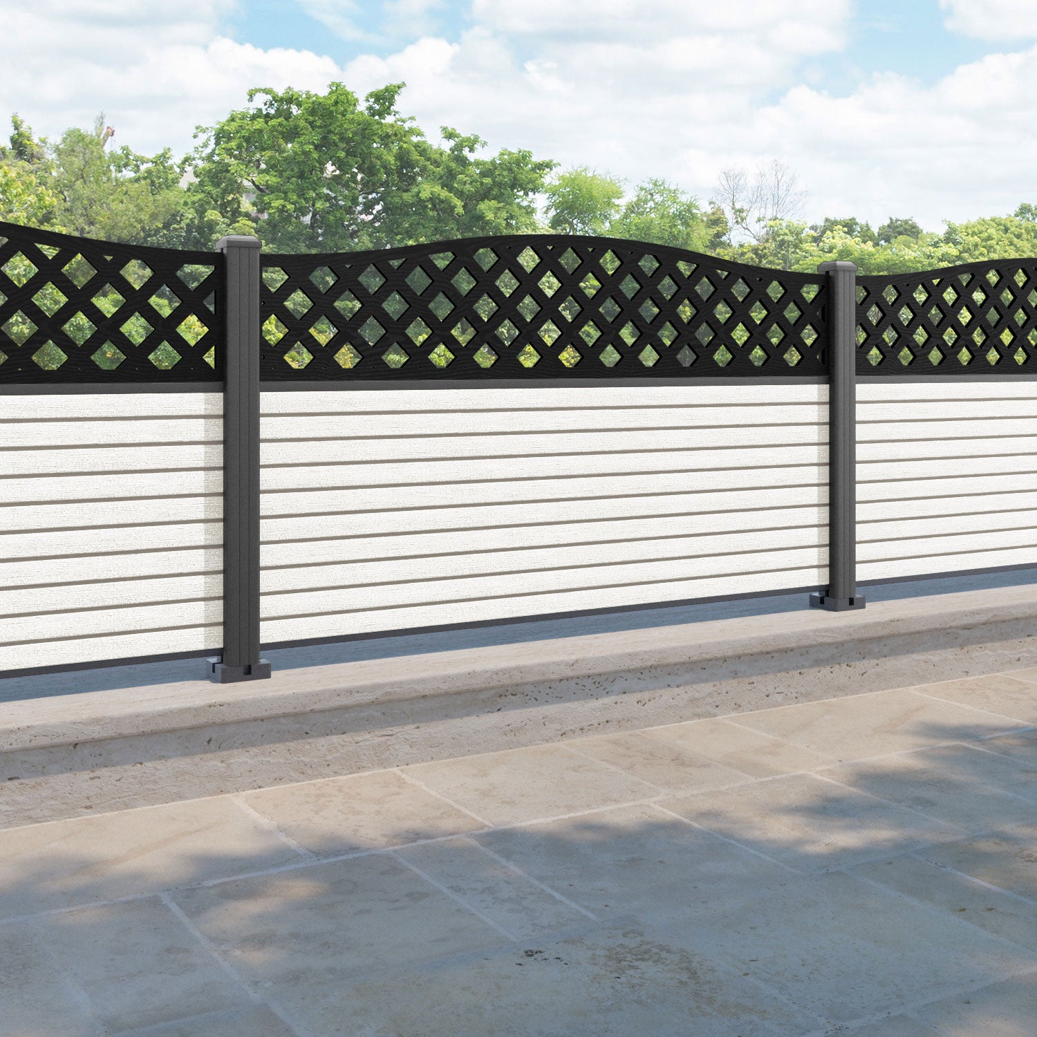Hudson High Wave Fence Panel - Light Stone - with our aluminium posts