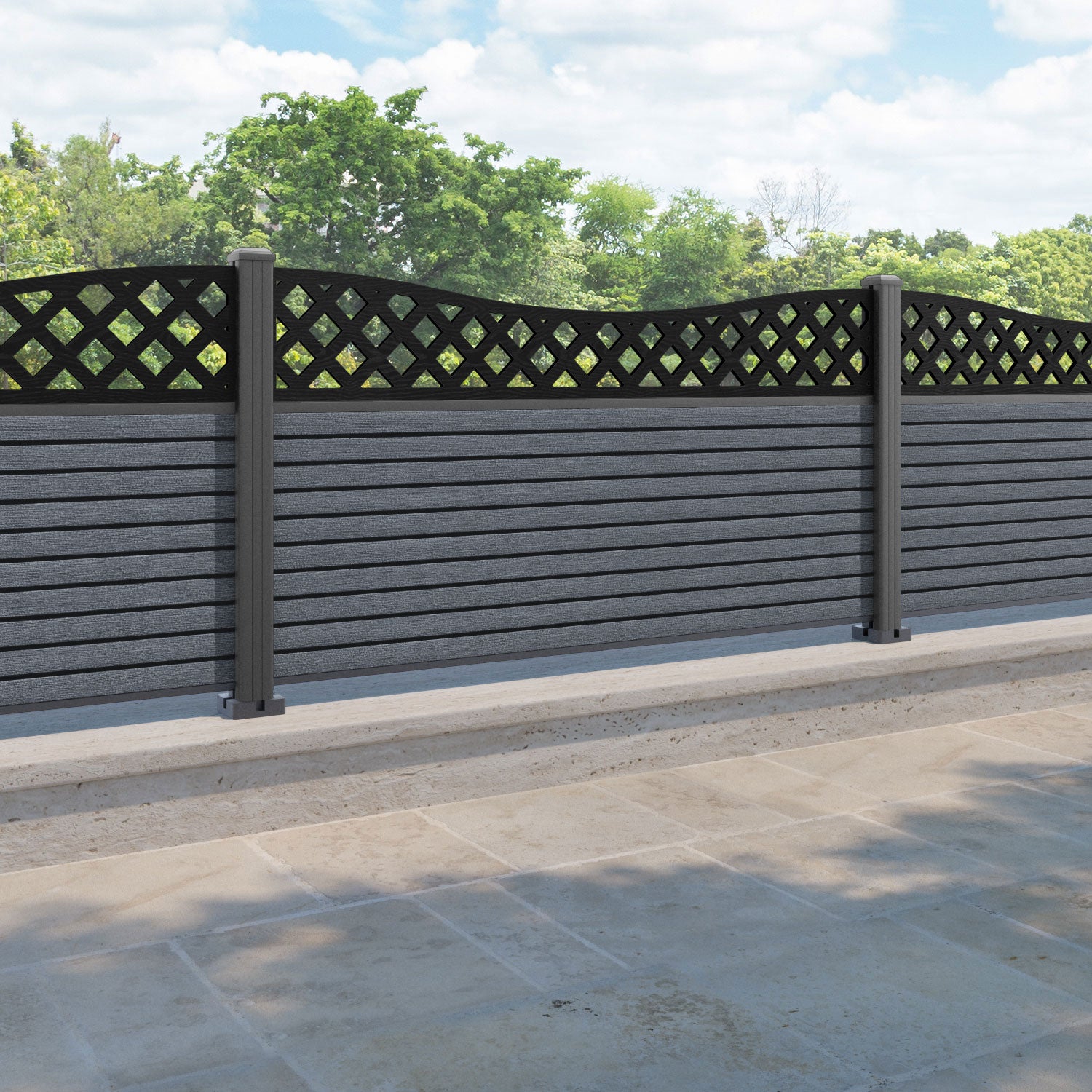 Hudson Low Wave Curved Top Fence Panel - Anthracite - with our aluminium posts