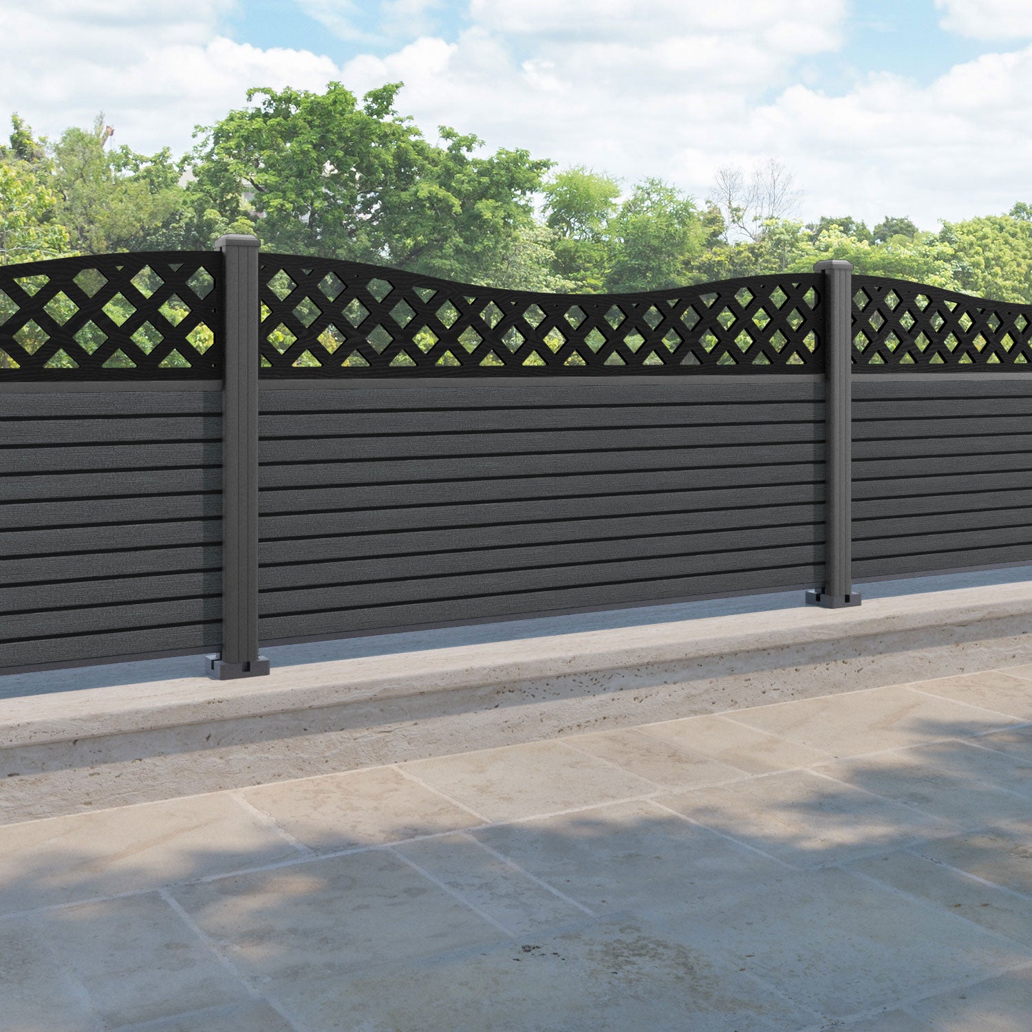 Hudson Low Wave Fence Panel - Dark Grey - with our aluminium posts