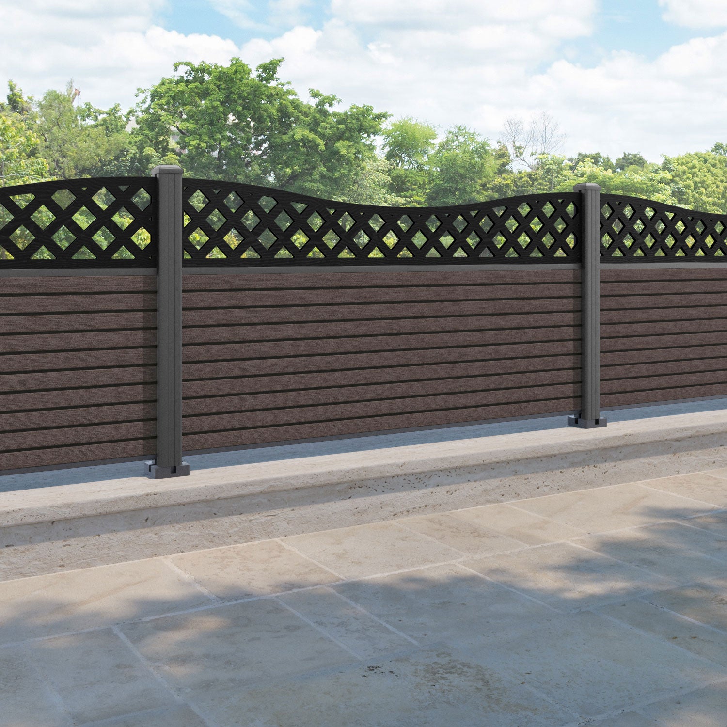 Hudson Low Wave Fence Panel - Mid Brown - with our aluminium posts