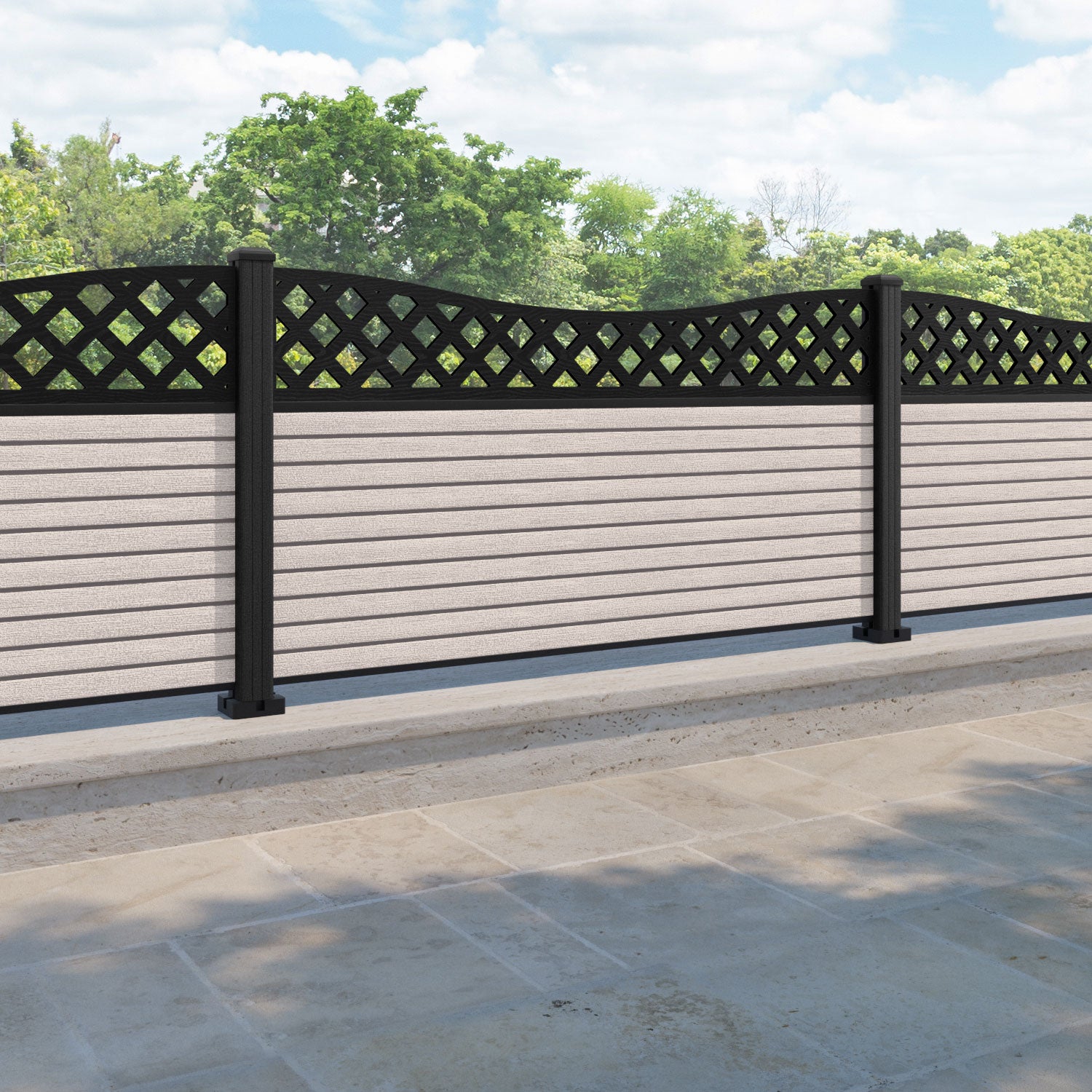 Hudson Low Wave Curved Top Fence Panel - Mid Stone - with our composite posts
