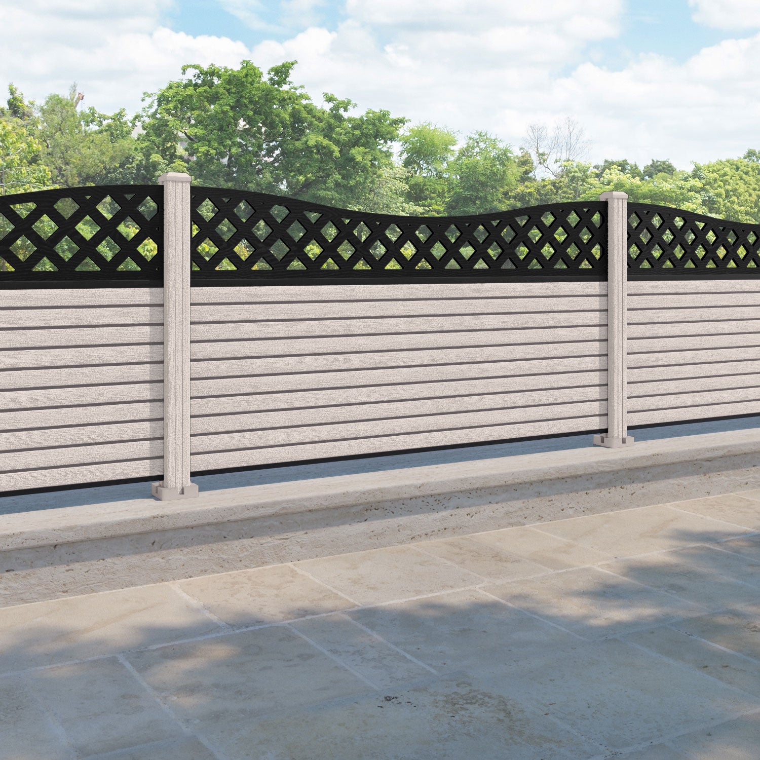 Hudson Low Wave Curved Top Fence Panel - Mid Stone - with our composite posts