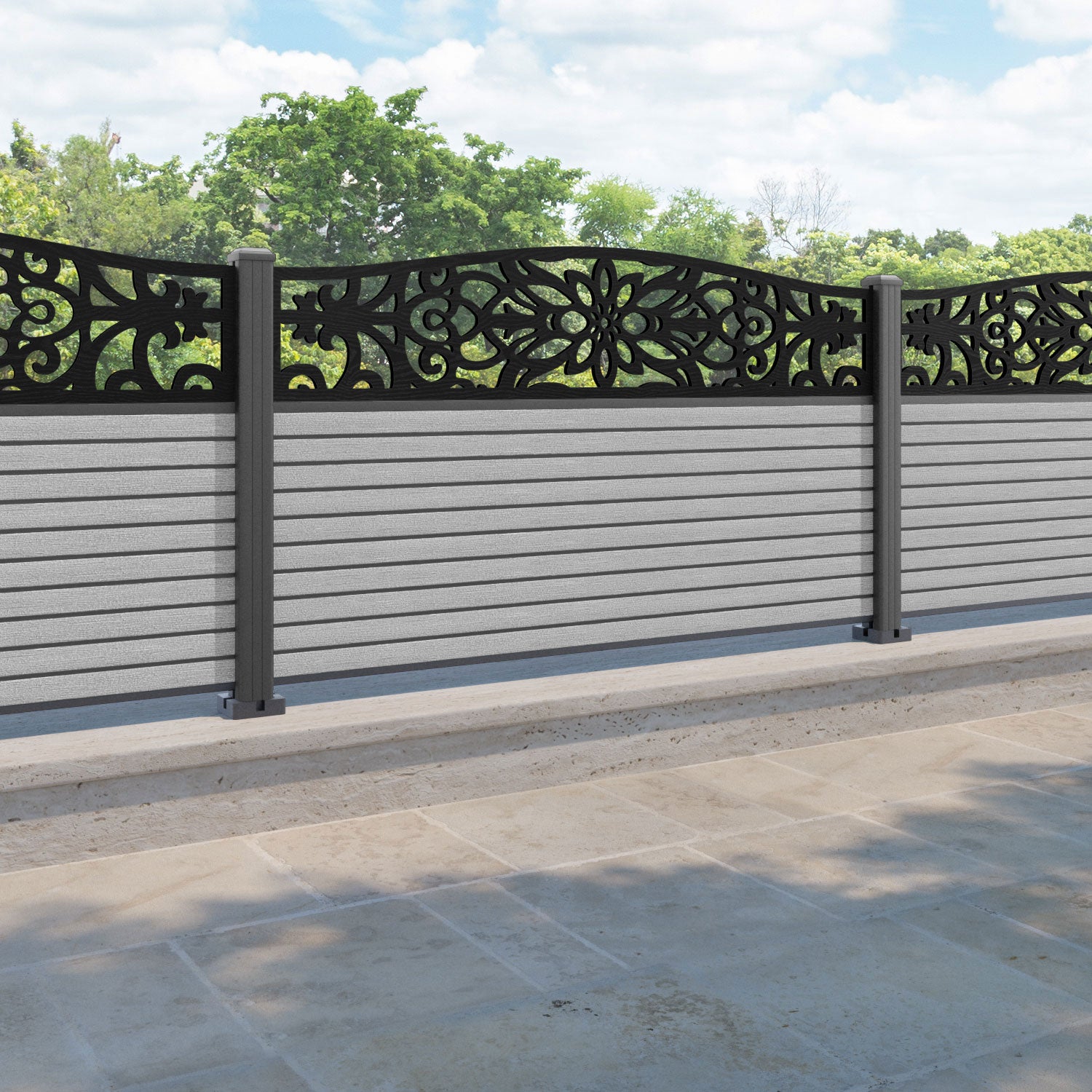 Hudson Windsor Curved Top Fence Panel - Light Grey - with our aluminium posts