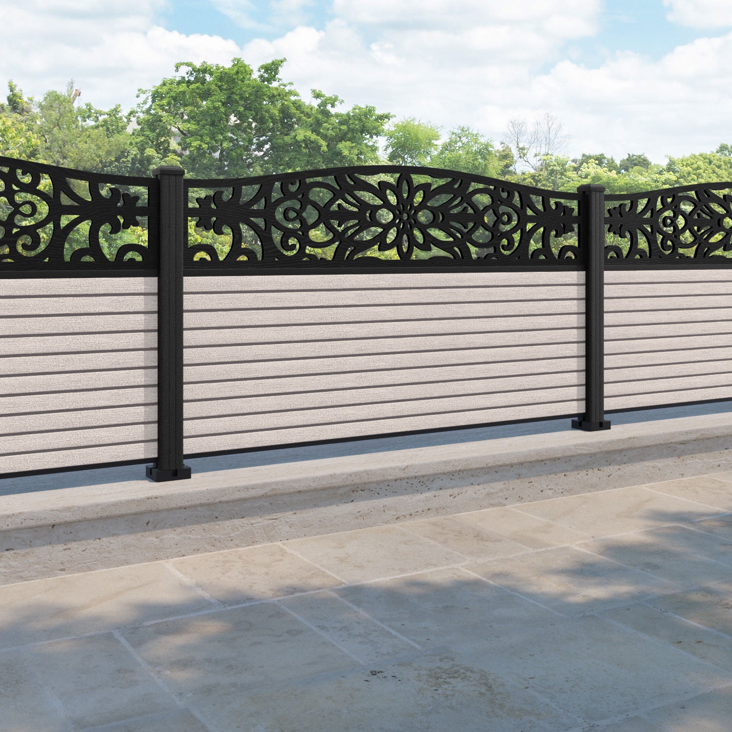Hudson Windsor Curved Top Fence Panel - Mid Stone - with our composite posts