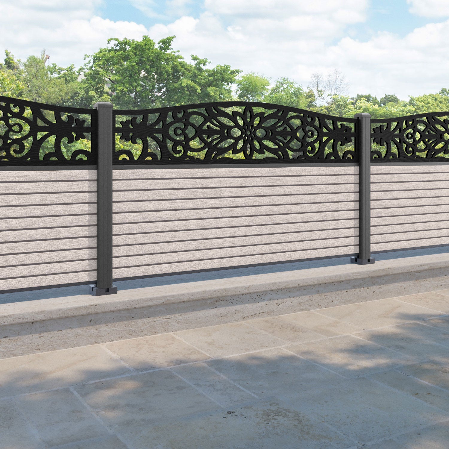 Hudson Windsor Curved Top Fence Panel - Mid Stone - with our aluminium posts
