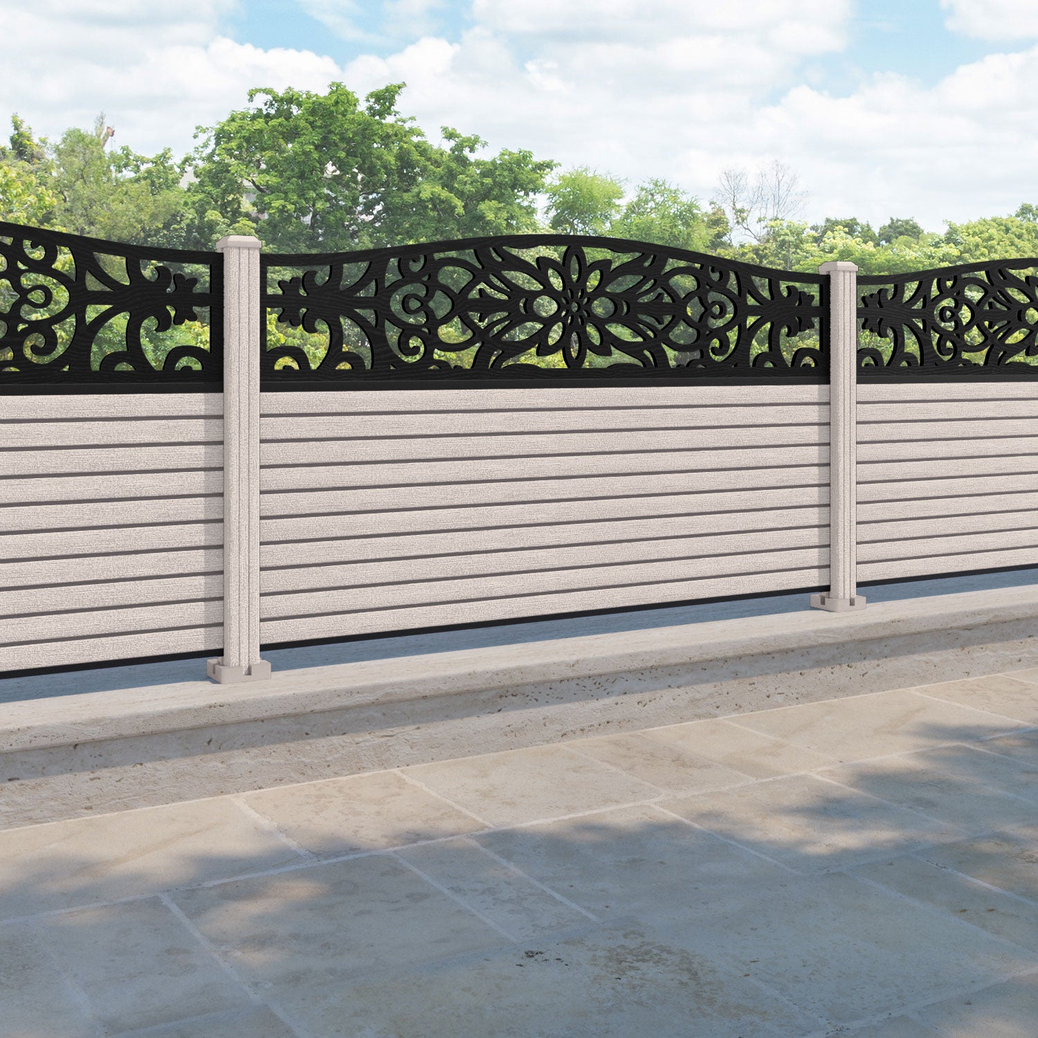 Hudson Windsor Curved Top Fence Panel - Mid Stone - with our composite posts