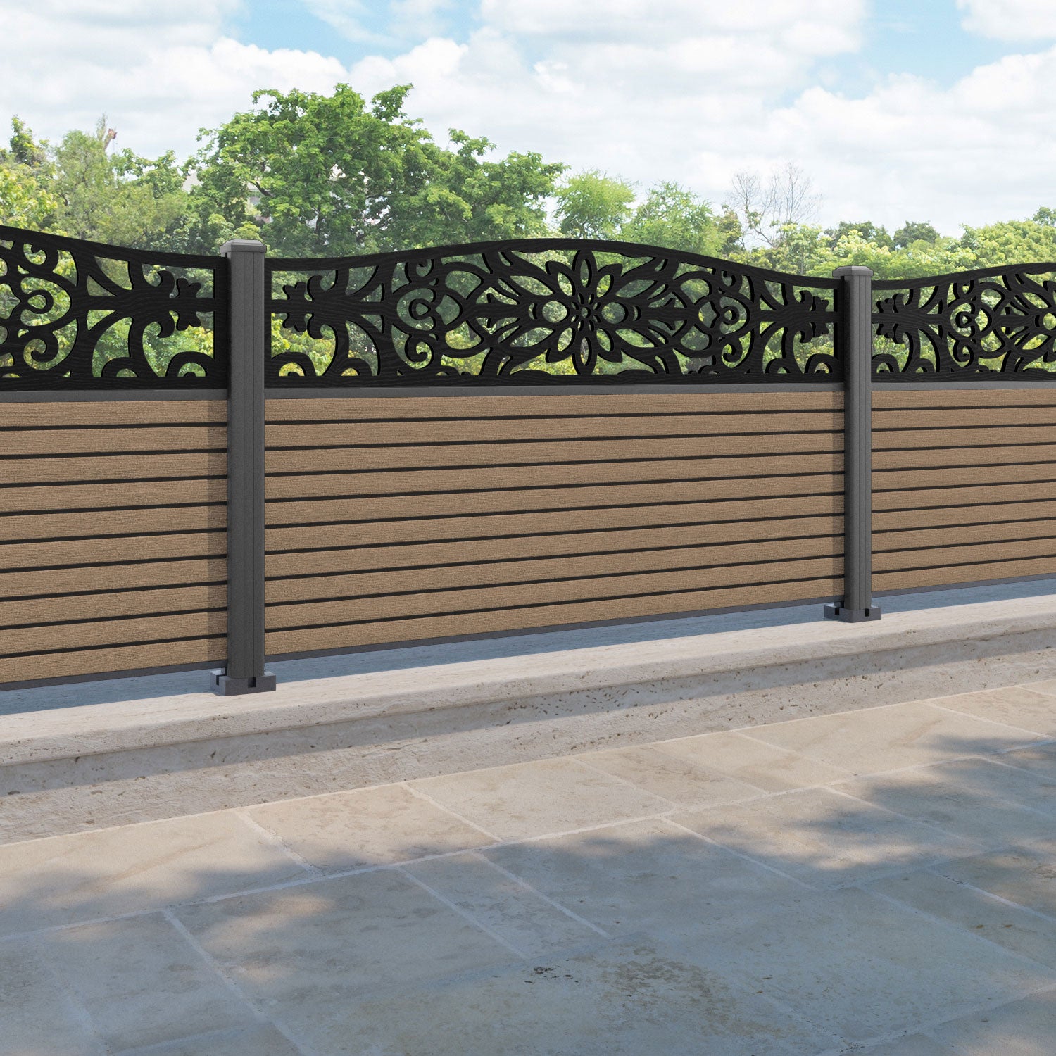 Hudson Windsor Curved Top Fence Panel - Teak - with our aluminium posts