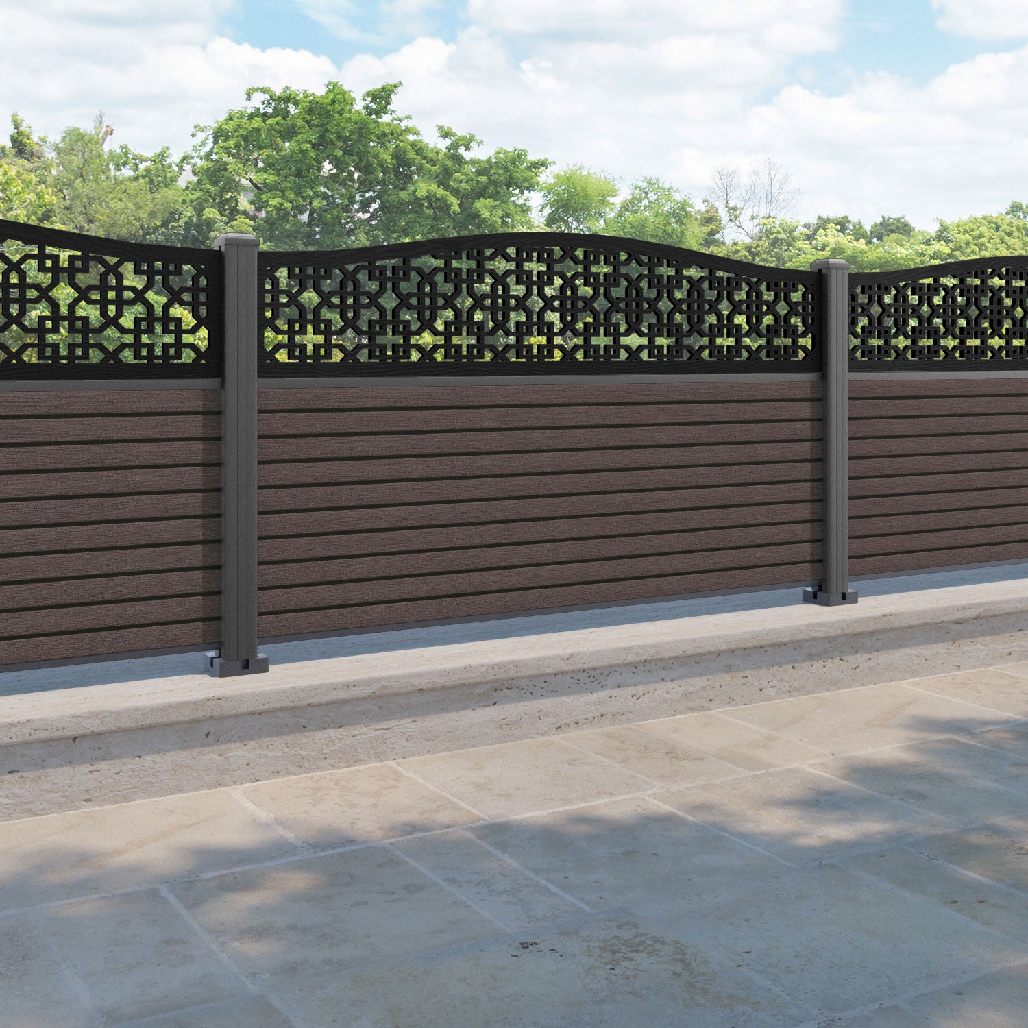 Hudson Zaria Curved Top Fence Panel - Mid Brown - with our aluminium posts