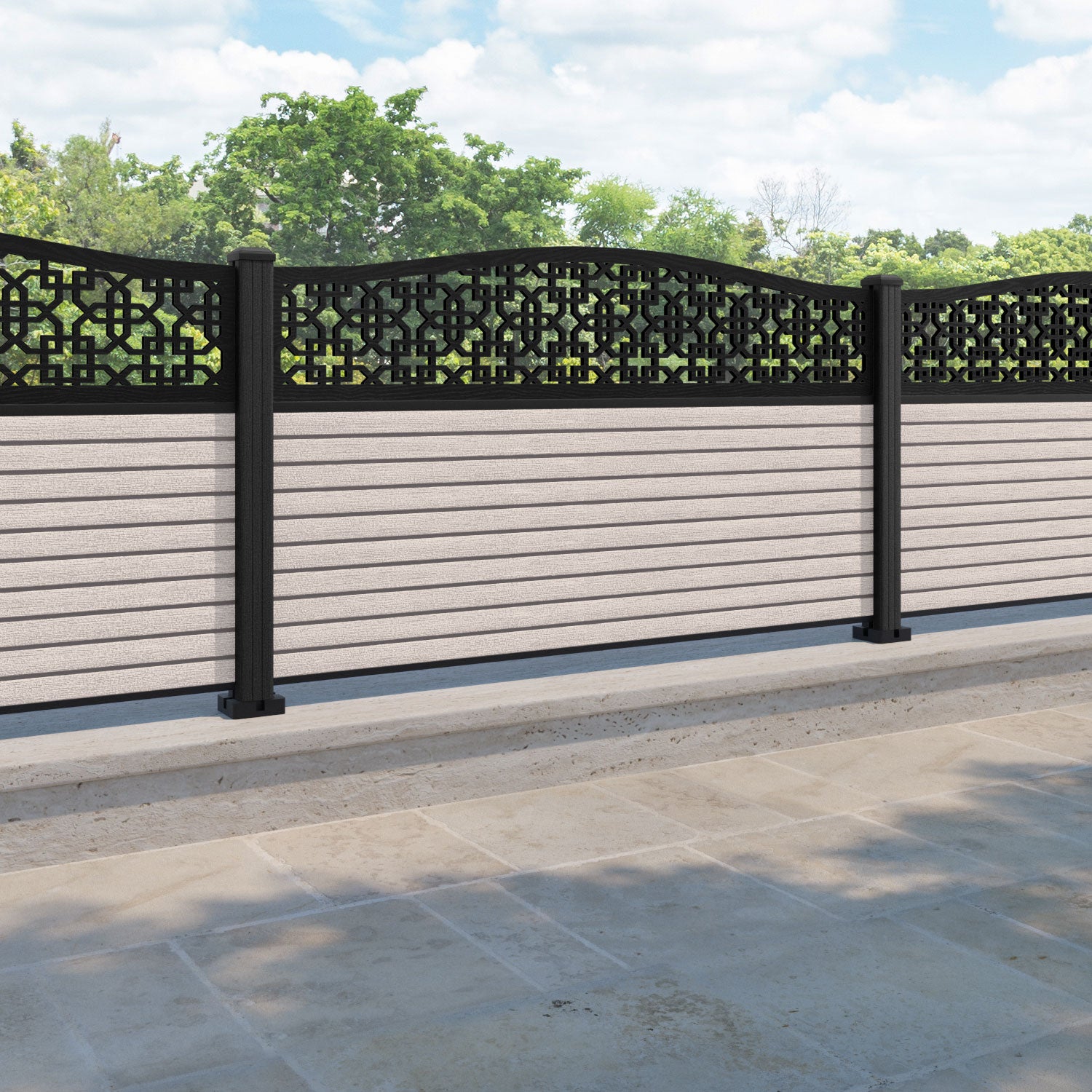 Hudson Zaria Curved Top Fence Panel - Mid Stone - with our composite posts