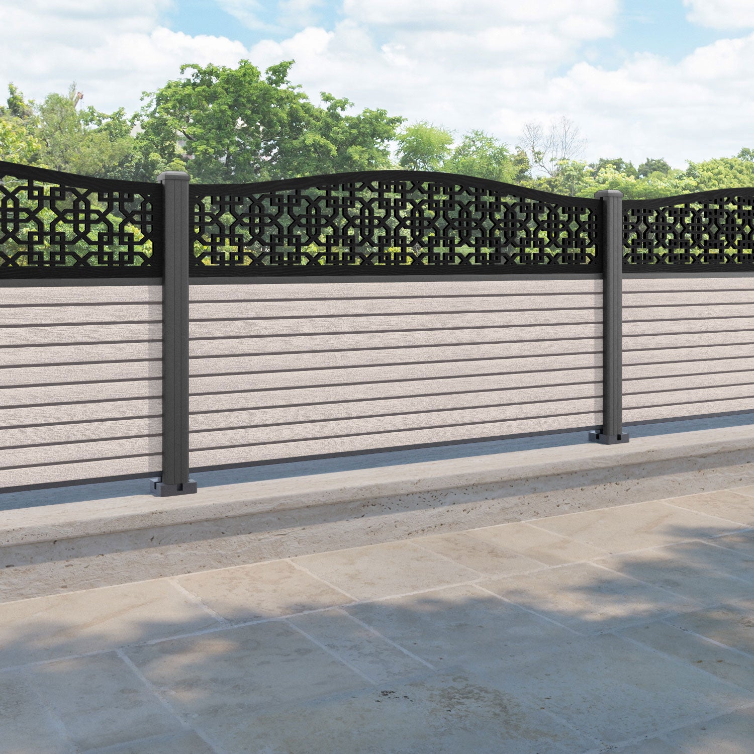 Hudson Zaria Curved Top Fence Panel - Mid Stone - with our aluminium posts