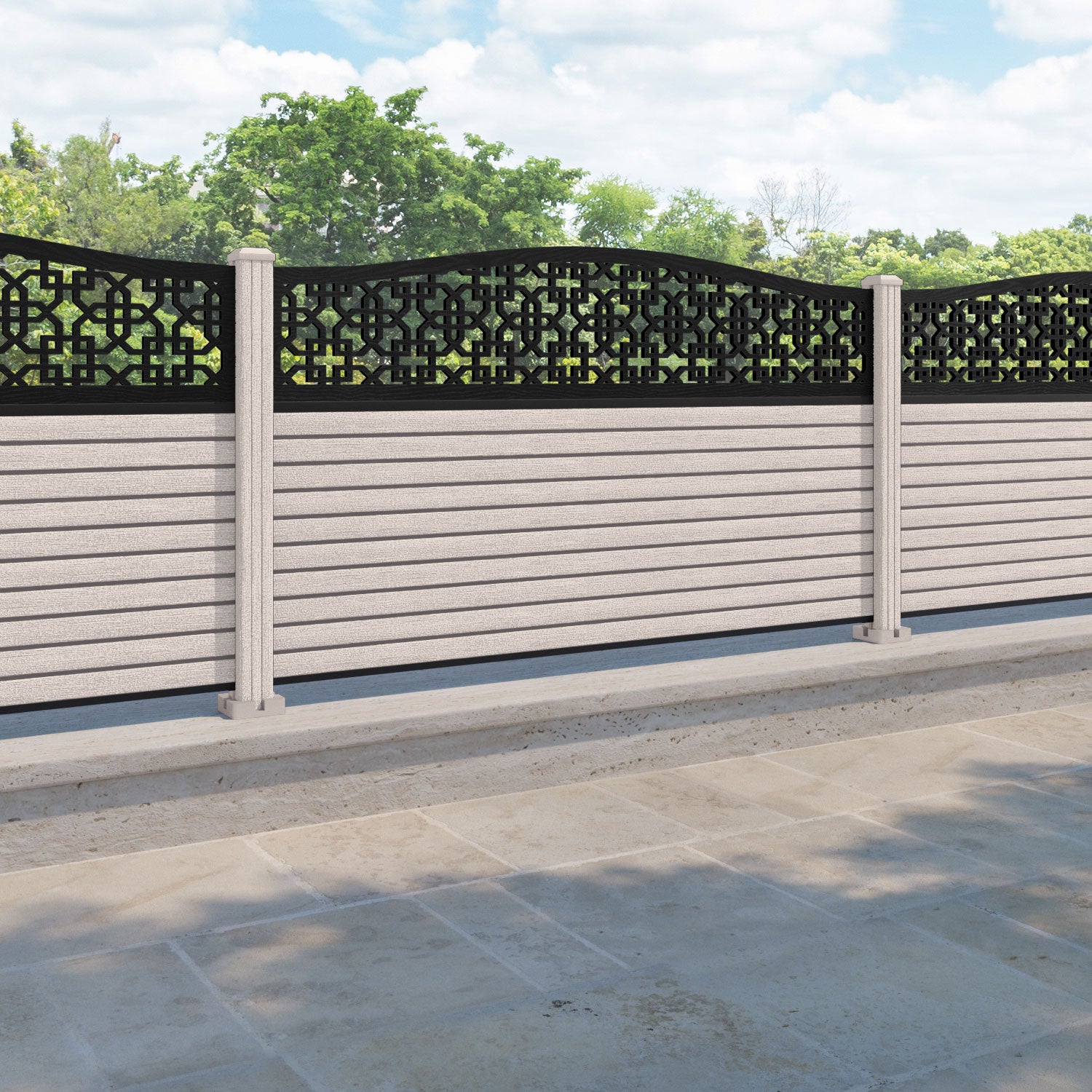 Hudson Zaria Curved Top Fence Panel - Mid Stone - with our composite posts
