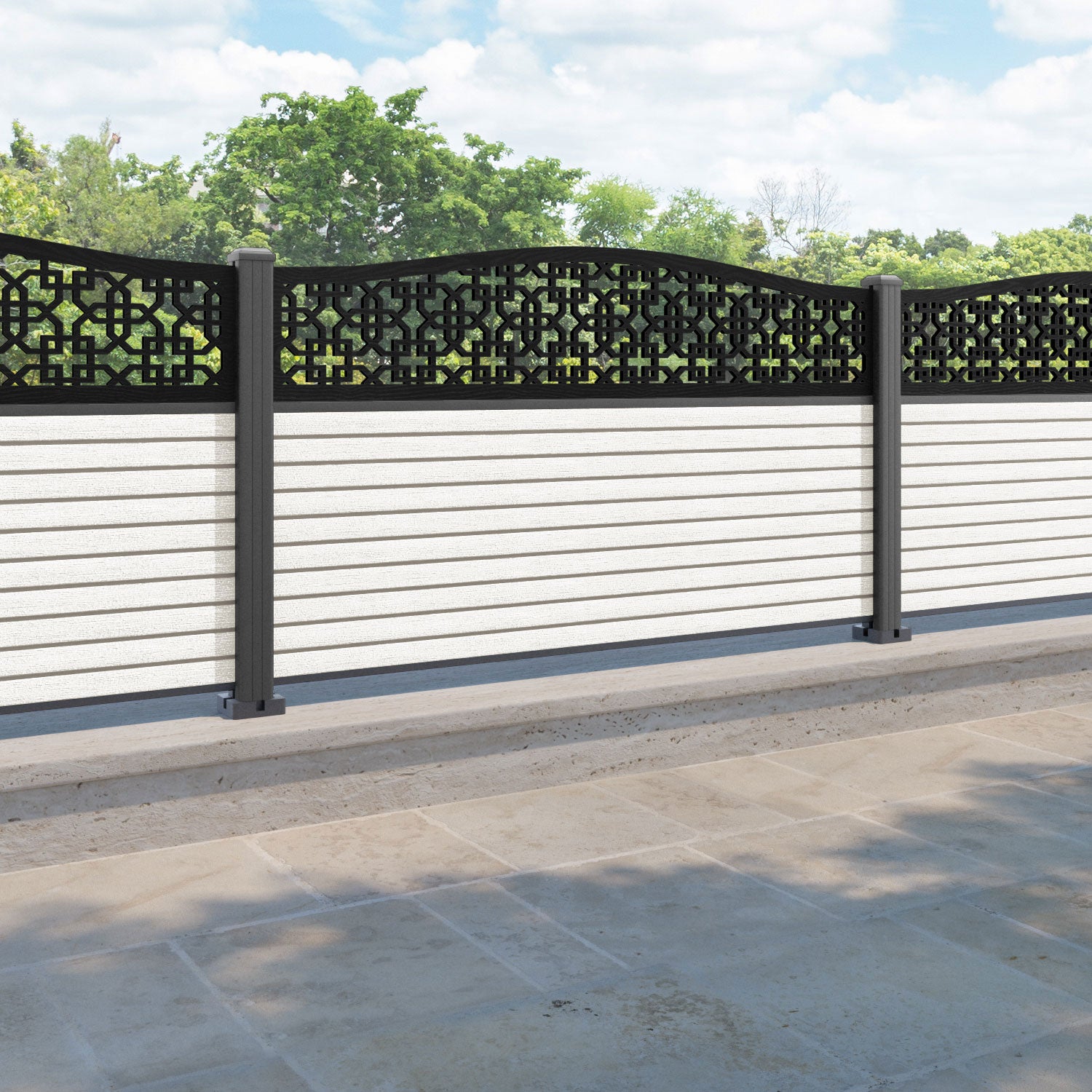 Hudson Zaria Curved Top Fence Panel - Light Stone - with our aluminium posts