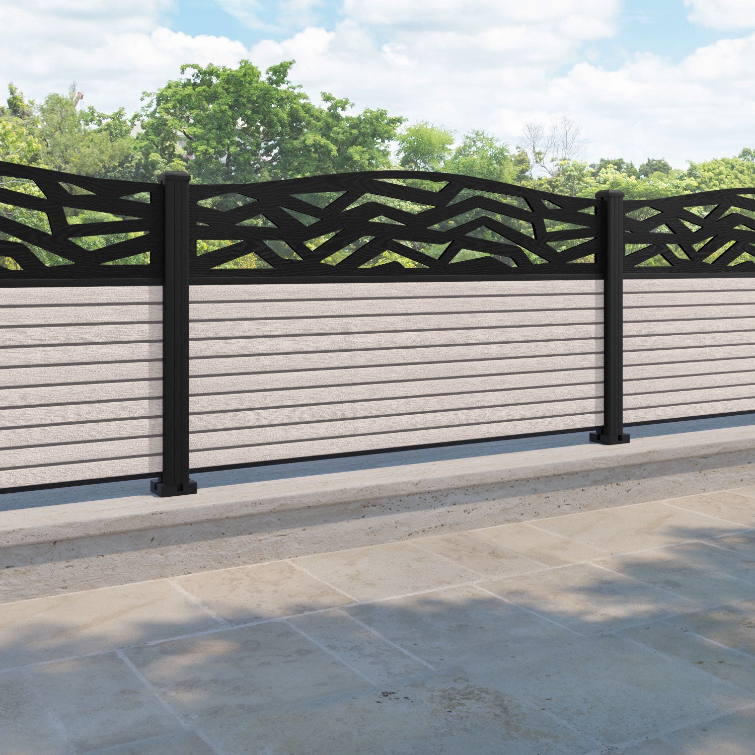 Hudson Zenith Curved Top Fence Panel - Mid Stone - with our aluminium posts