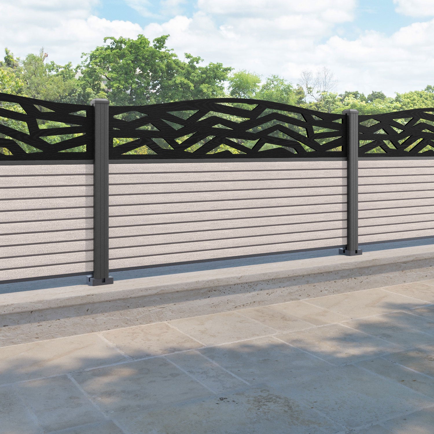 Hudson Zenith Curved Top Fence Panel - Mid Stone - with our aluminium posts