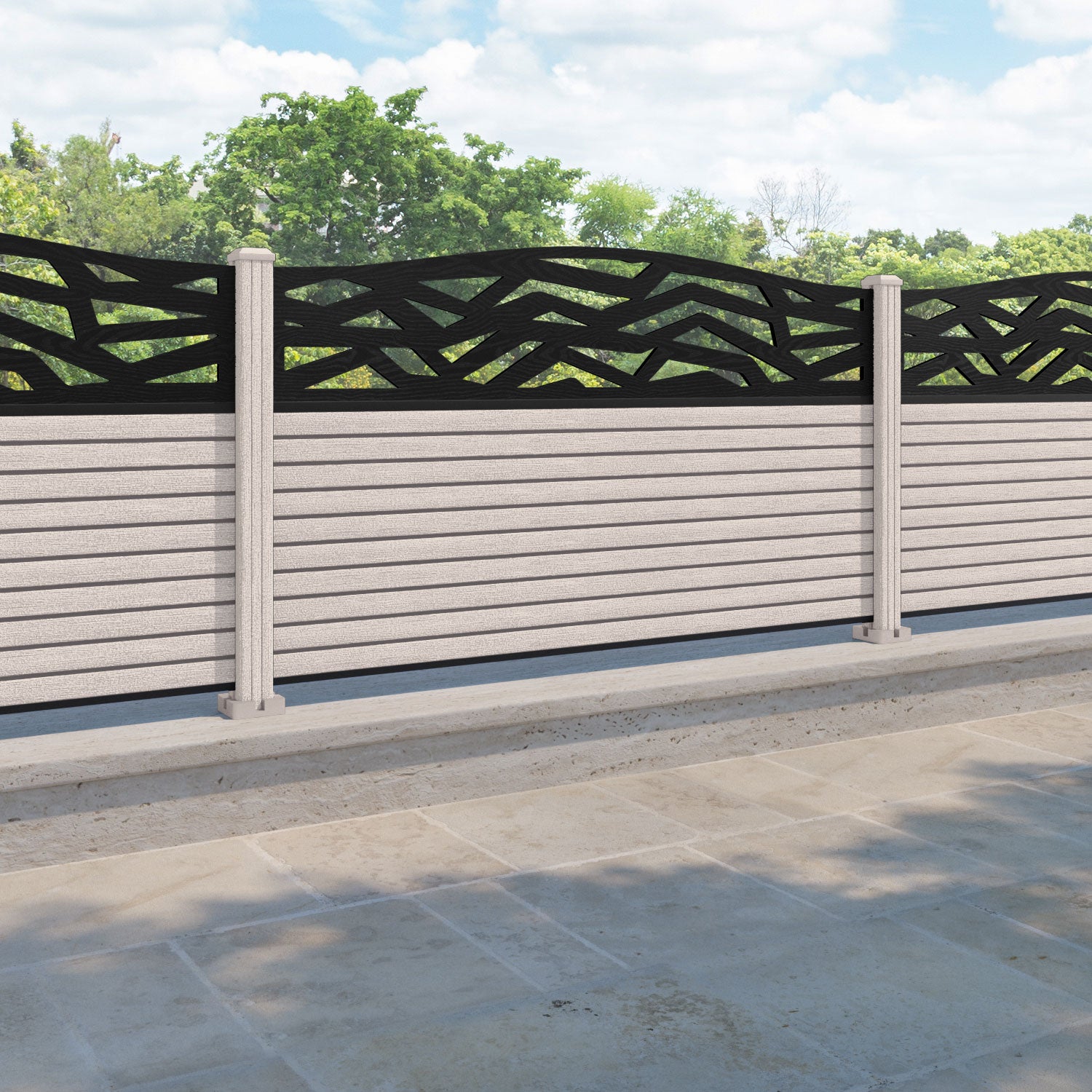 Hudson Zenith Curved Top Fence Panel - Mid Stone - with our composite posts