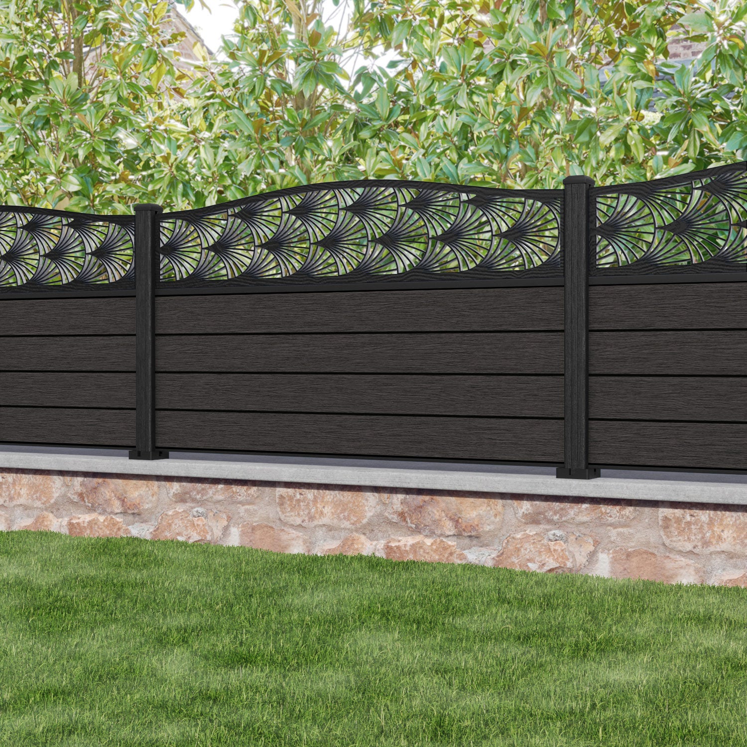Fusion Laurel Curved Top Fence Panel - Dark Oak - with our composite posts