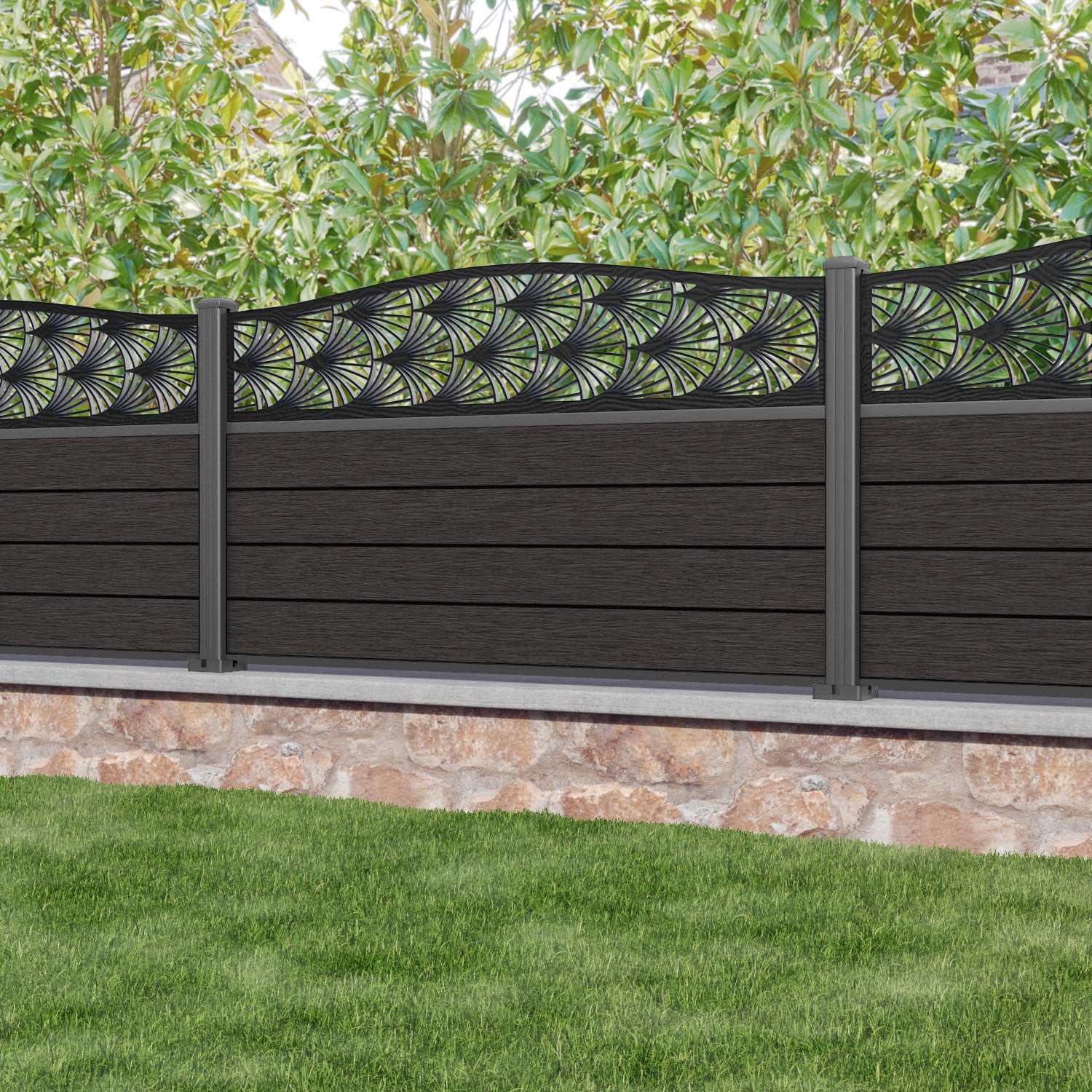 Fusion Laurel Curved Top Fence Panel - Dark Oak - with our aluminium posts