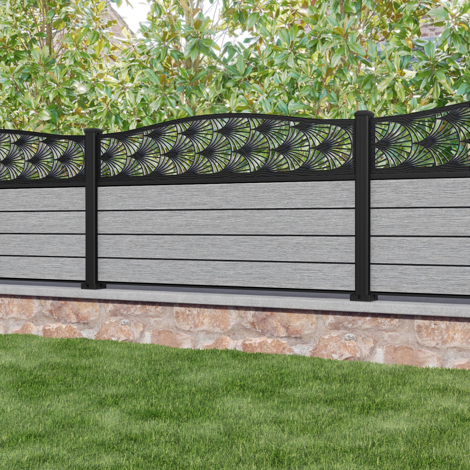 Fusion Laurel Curved Top Fence Panel - Light Grey - with our aluminium posts