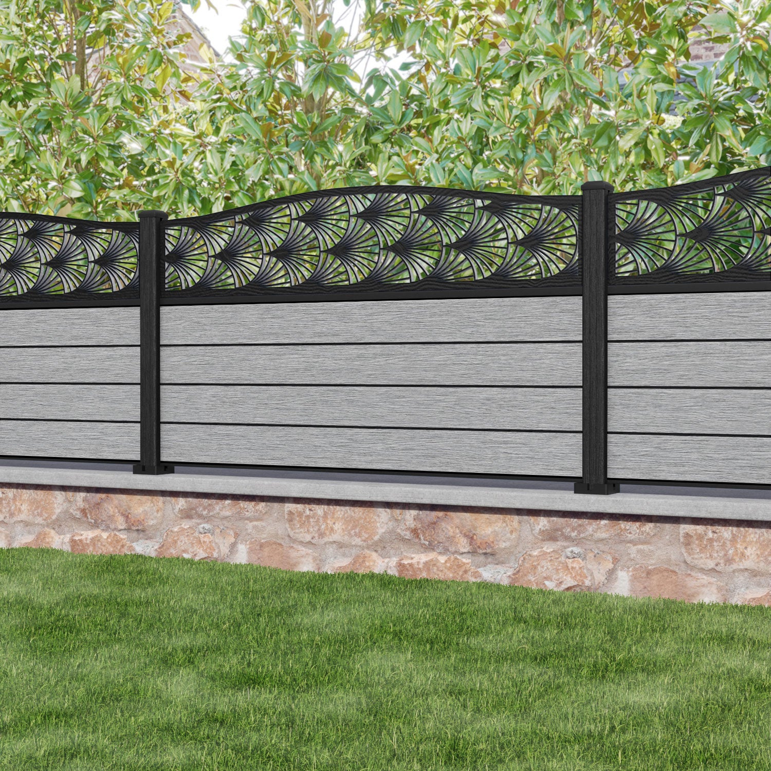 Fusion Laurel Curved Top Fence Panel - Light Grey - with our composite posts