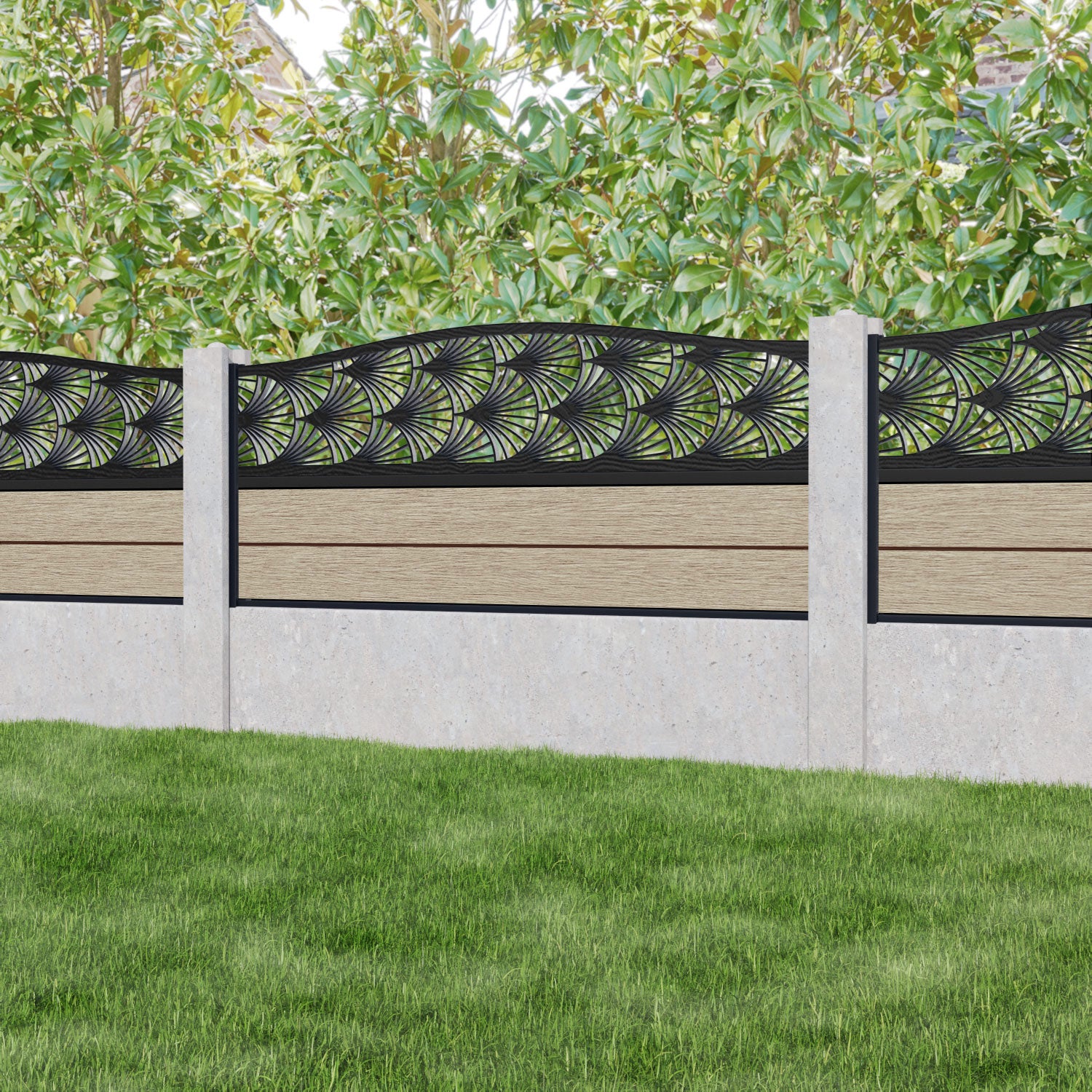 Fusion Laurel Curved Top Fence Panel - Light Oak - for existing concrete posts
