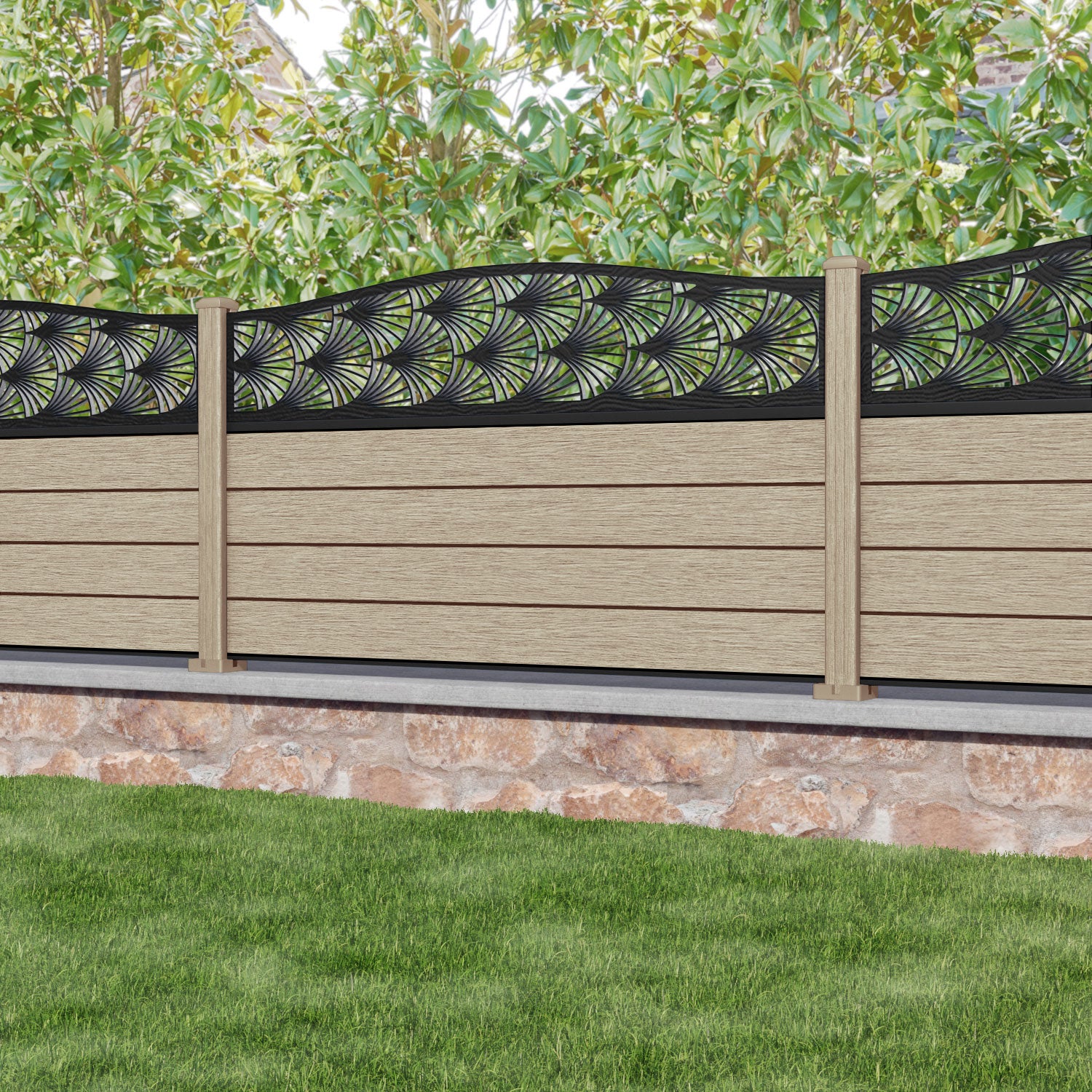 Fusion Laurel Curved Top Fence Panel - Light Oak - with our composite posts