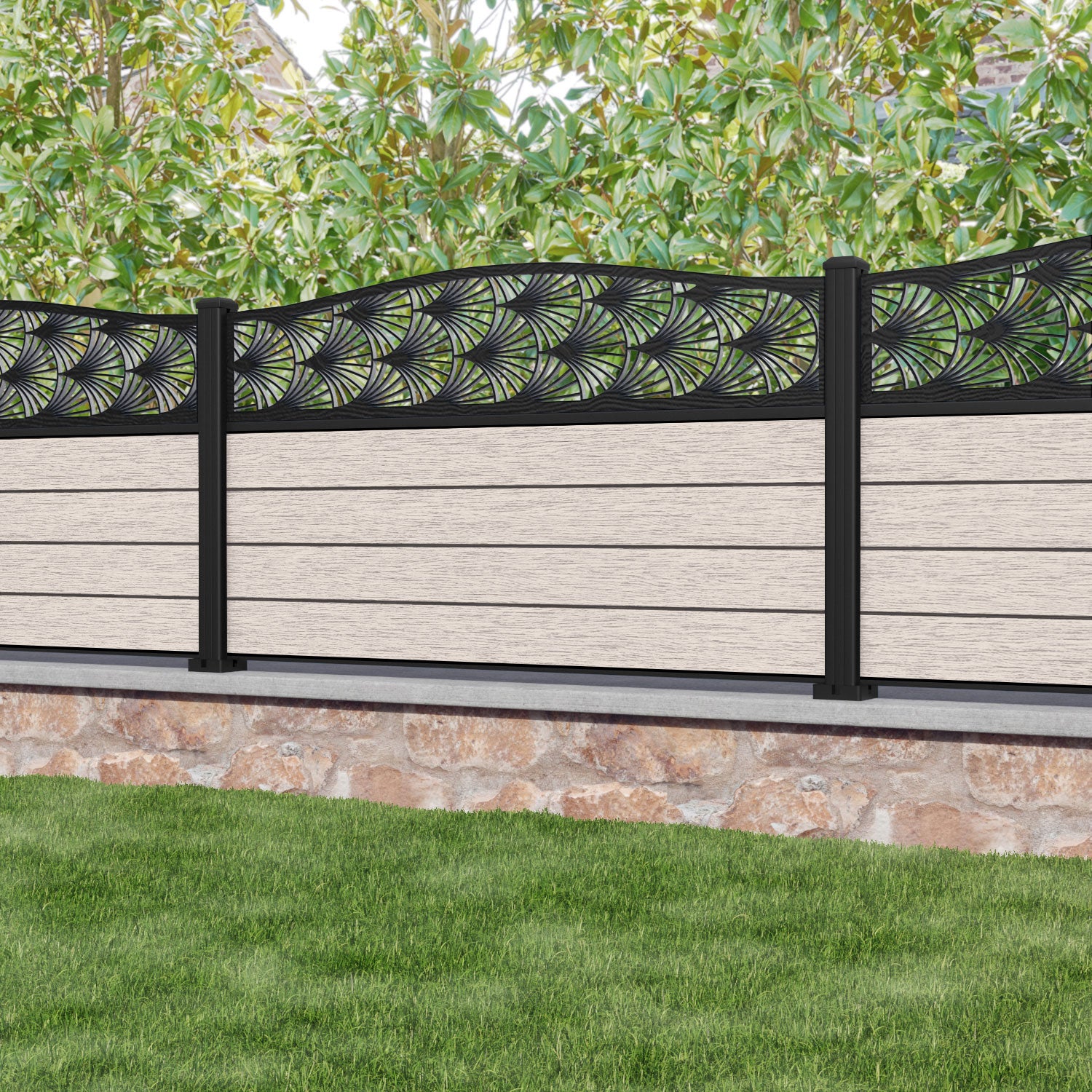 Fusion Laurel Curved Top Fence Panel - Mid Stone - with our aluminium posts