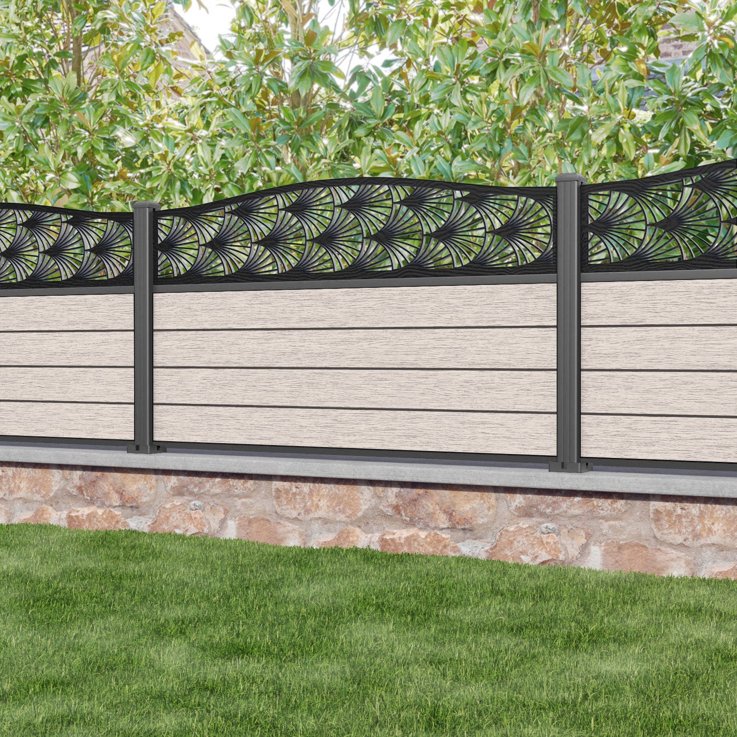Fusion Laurel Curved Top Fence Panel - Mid Stone - with our aluminium posts