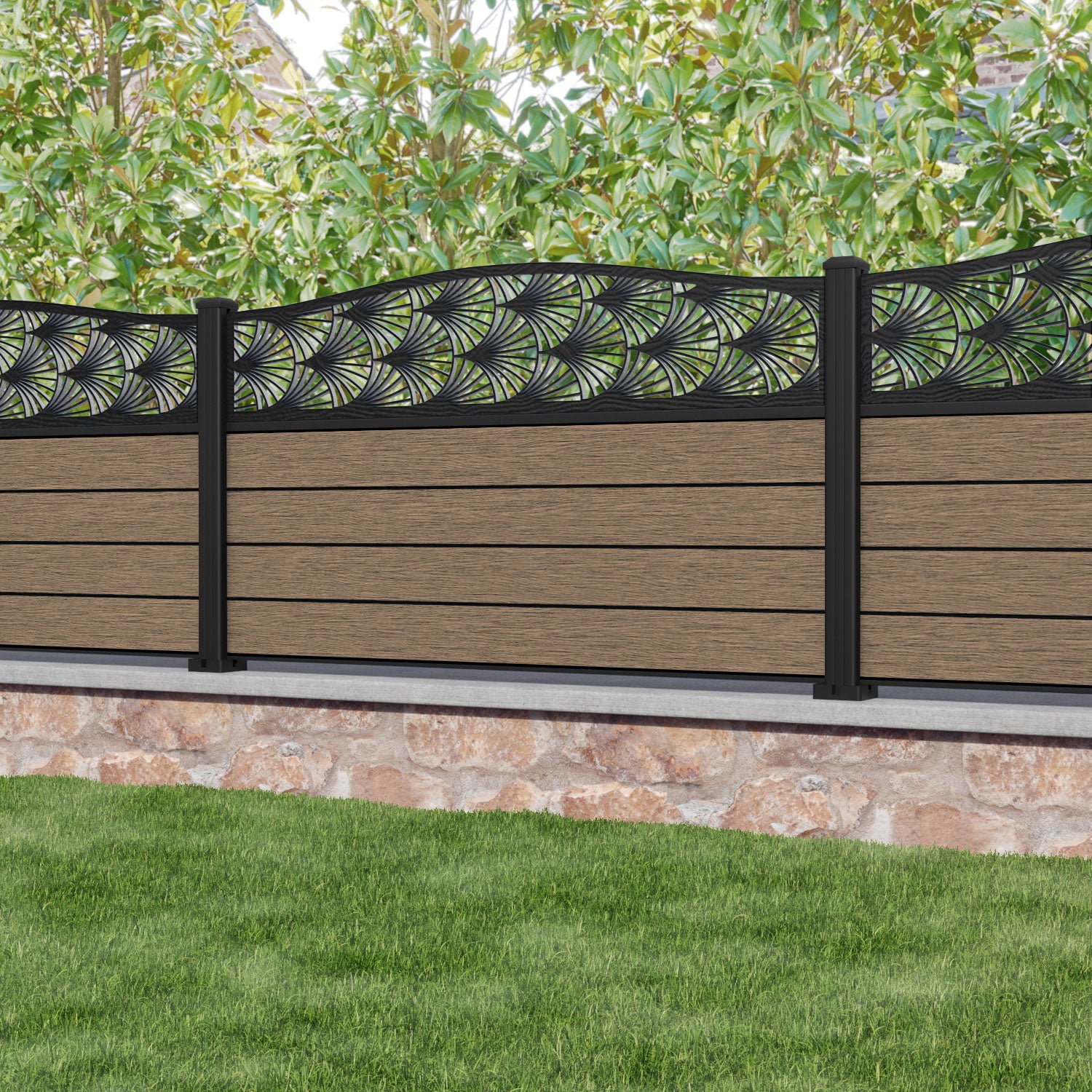 Fusion Laurel Curved Top Fence Panel - Teak - with our aluminium posts