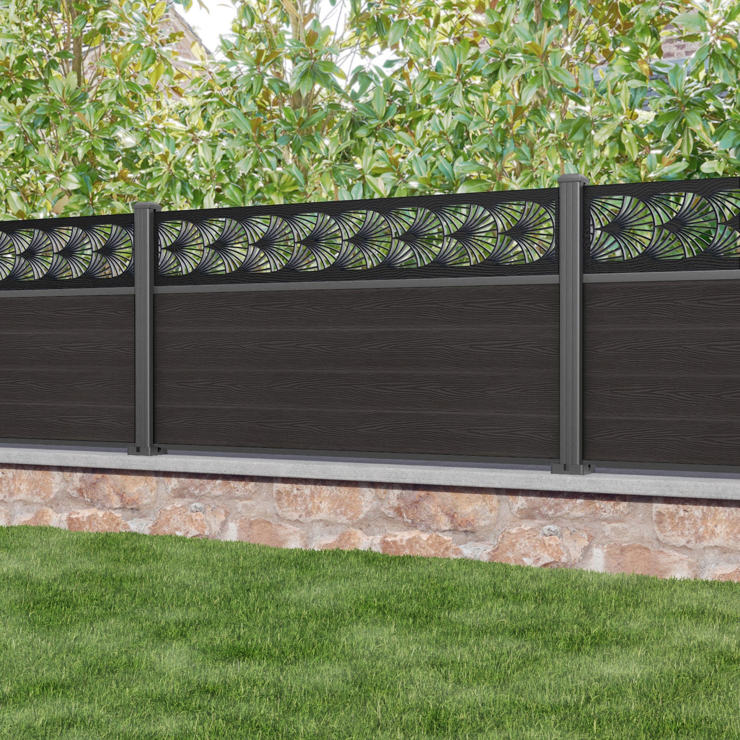 Classic Laurel Fence Panel - Dark Oak - with our aluminium posts
