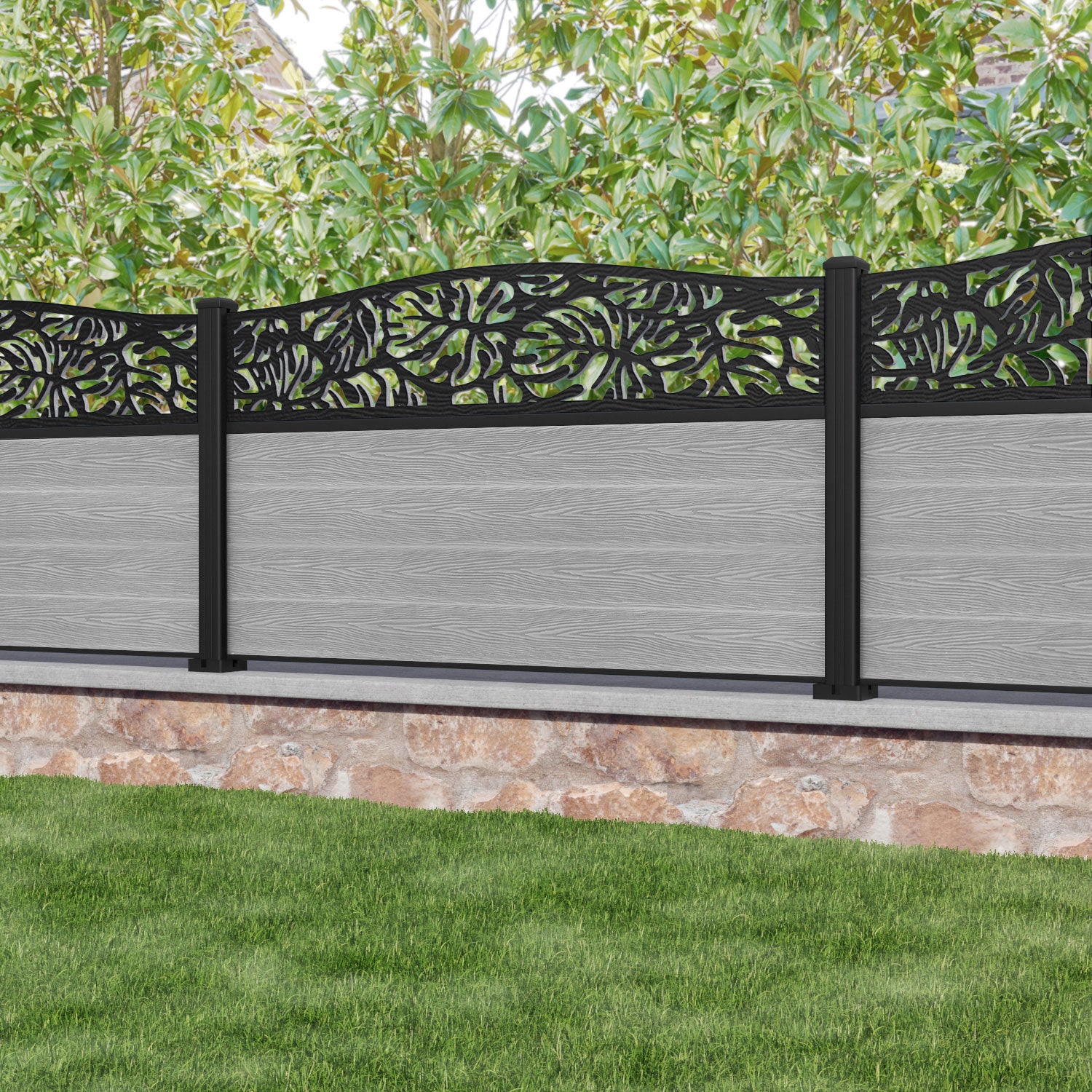 Classic Botanic Curved Top Fence Panel - Light Grey - with our aluminium posts
