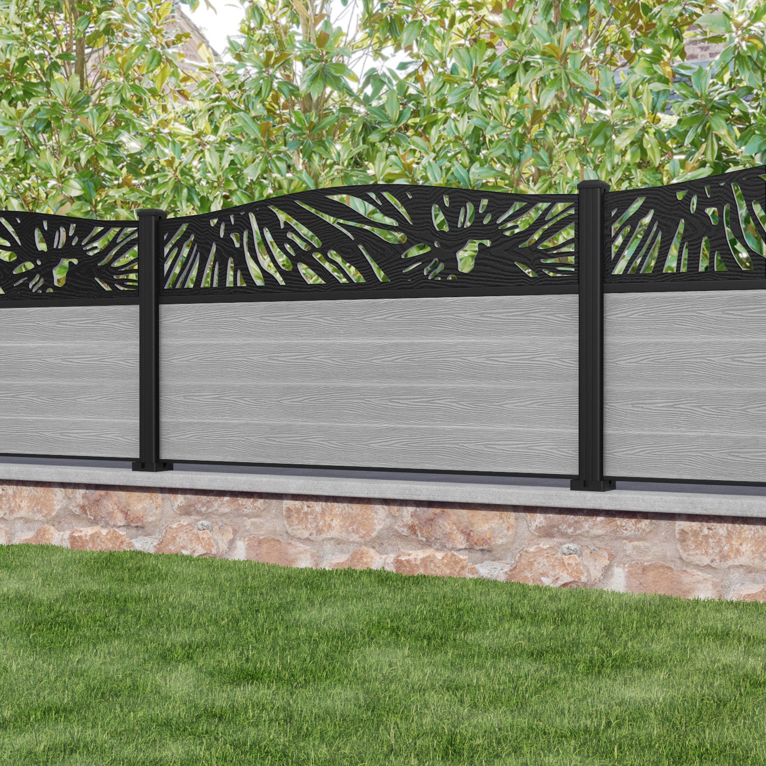 Classic Poppy Curved Top Fence Panel - Light Grey - with our aluminium posts