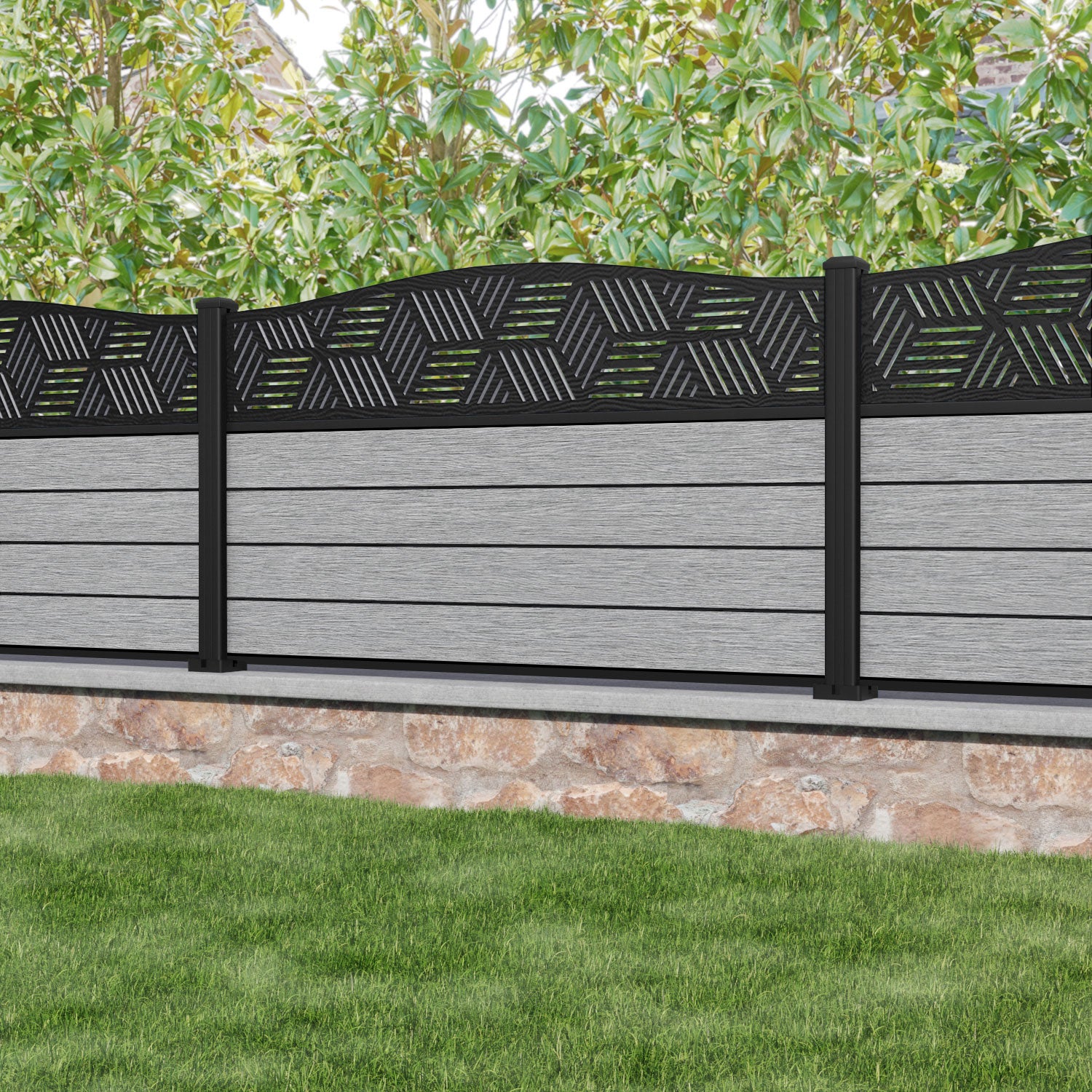 Fusion Cubed Curved Top Fence Panel - Light Grey - with our aluminium posts