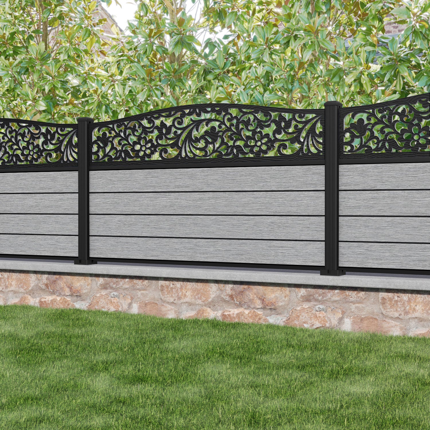 Fusion Eden Curved Top Fence Panel - Light Grey - with our aluminium posts