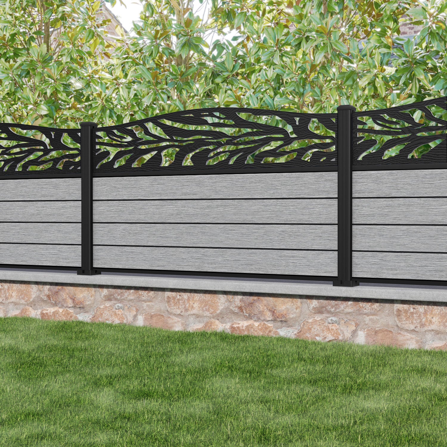 Fusion Malawi Curved Top Fence Panel - Light Grey - with our aluminium posts