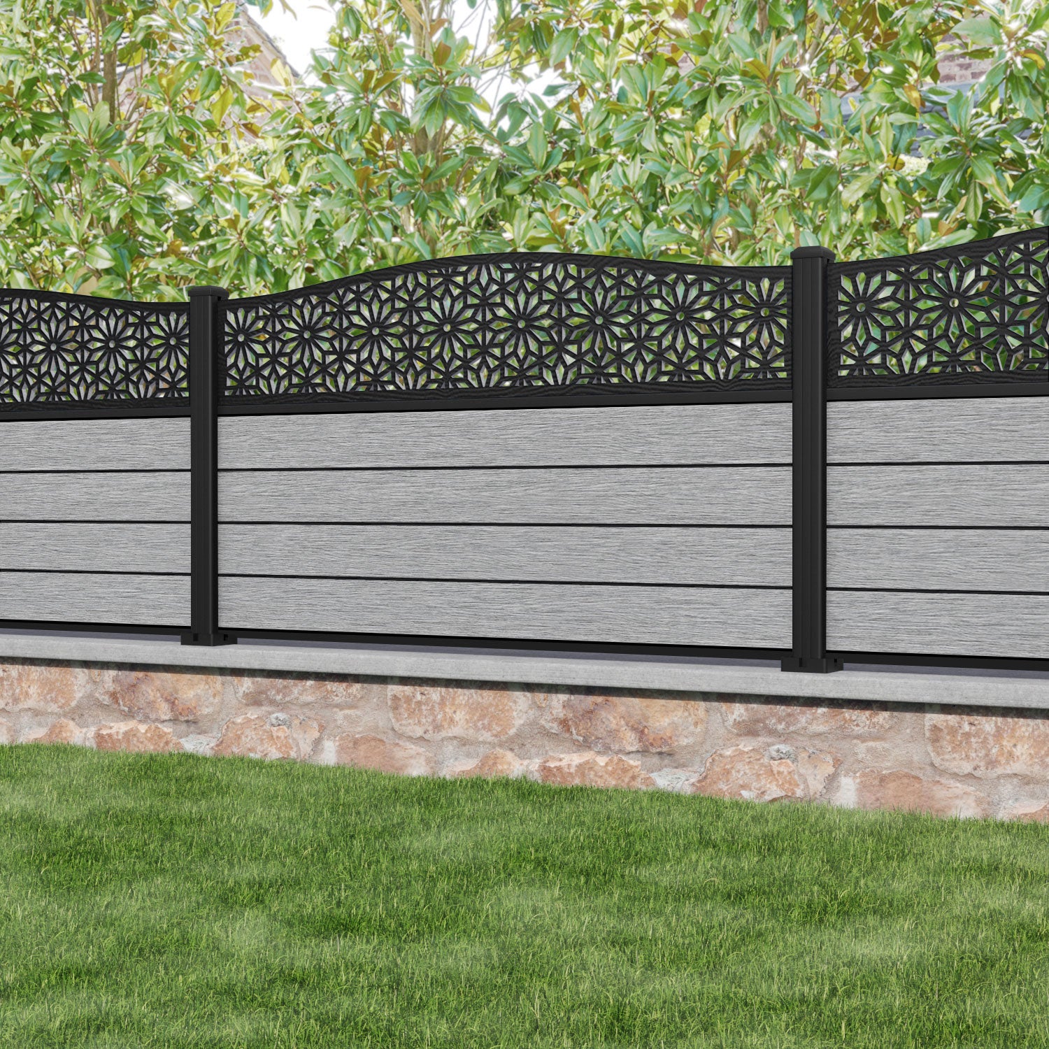 Fusion Narwa Curved Top Fence Panel - Light Grey - with our aluminium posts