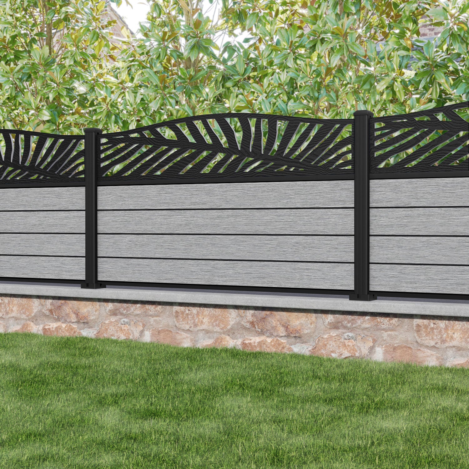 Fusion Palm Curved Top Fence Panel - Light Grey - with our aluminium posts